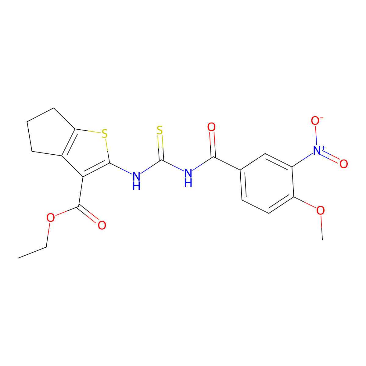 2-[[[[(4-methoxy-3-nitrophenyl)-oxomethyl]amino]-sulfanylidenemethyl]amino]-5,6-dihydro-4H-cyclopenta[b]thiophene-3-carboxylic acid ethyl ester molecular structure, CAS 433329-89-6
