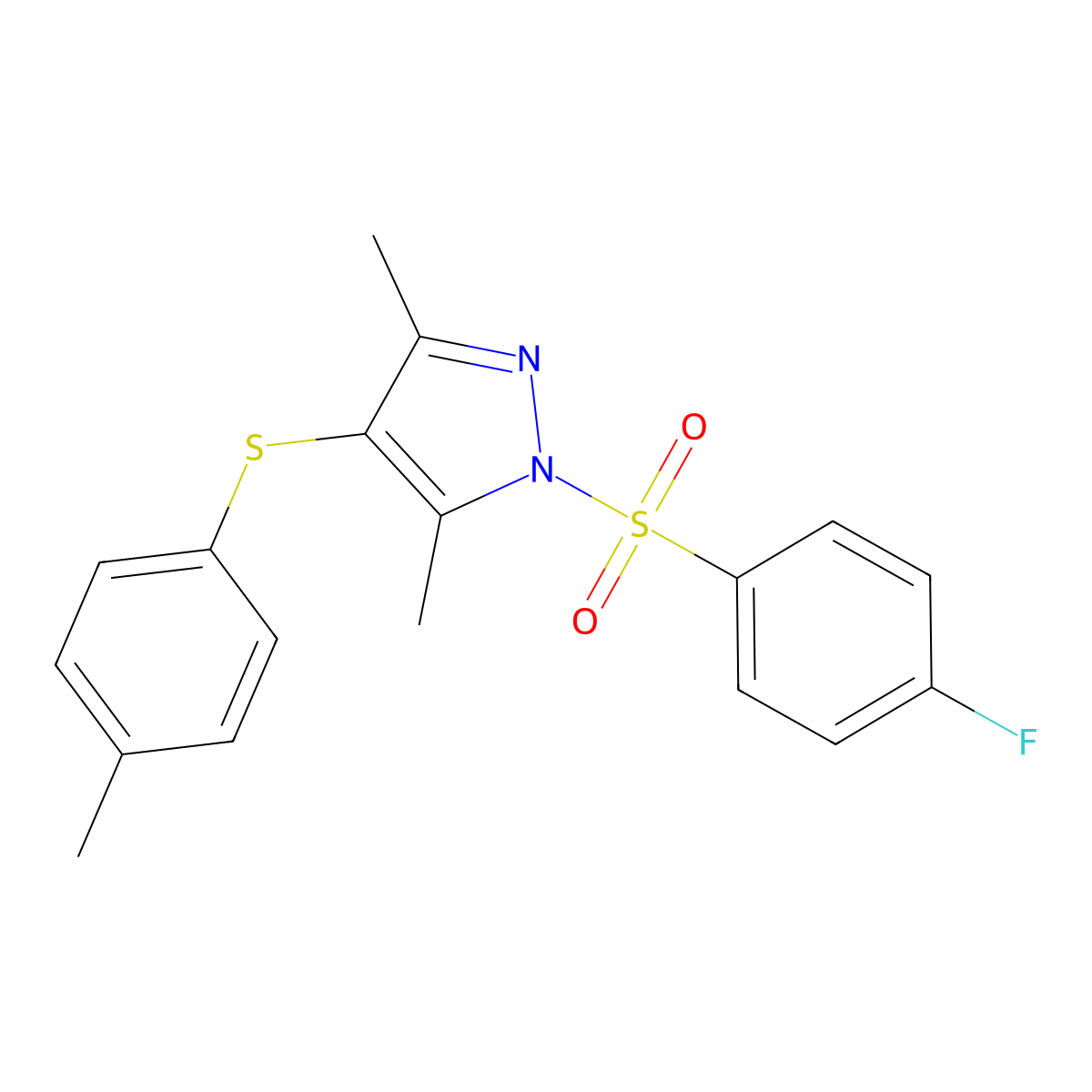 1-((4-fluorophenyl)sulfonyl)-3,5-dimethyl-4-(p-tolylthio)-1H-pyrazole molecular structure, CAS 433687-82-2