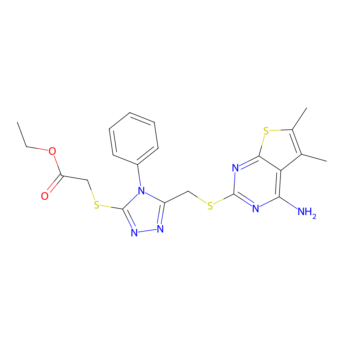 Ethyl 2-[[5-[(4-amino-5,6-dimethylthieno[2,3-d]pyrimidin-2-yl)sulfanylmethyl]-4-phenyl-1,2,4-triazol-3-yl]sulfanyl]acetate molecular structure, CAS 433690-60-9