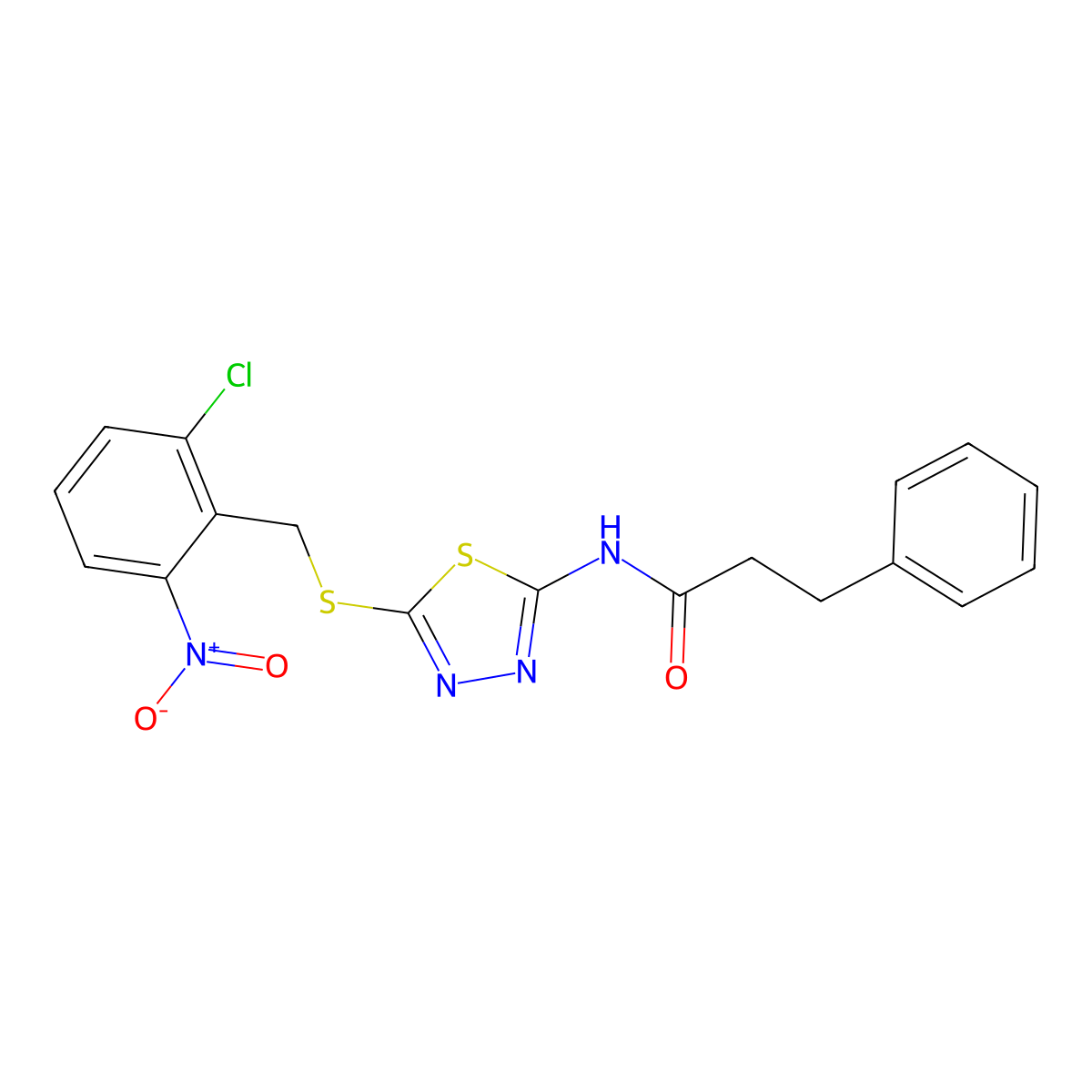 N-[5-[(2-chloro-6-nitrophenyl)methylsulfanyl]-1,3,4-thiadiazol-2-yl]-3-phenylpropanamide molecular structure, CAS 433691-25-9