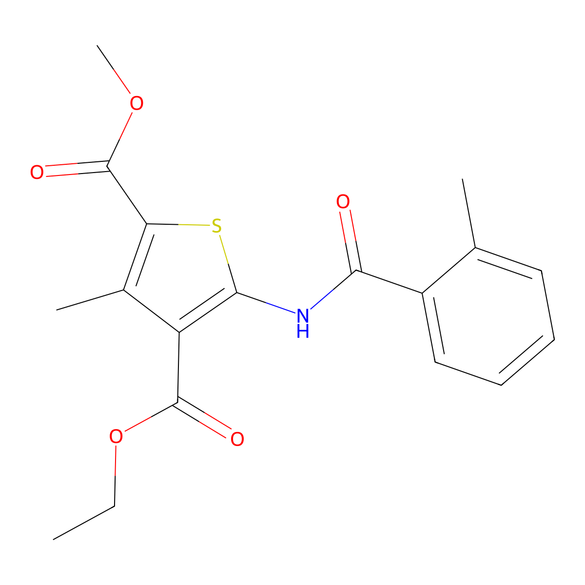4-Ethyl 2-methyl 3-methyl-5-{[(2-methylphenyl)carbonyl]amino}thiophene-2,4-dicarboxylate molecular structure, CAS 433691-58-8