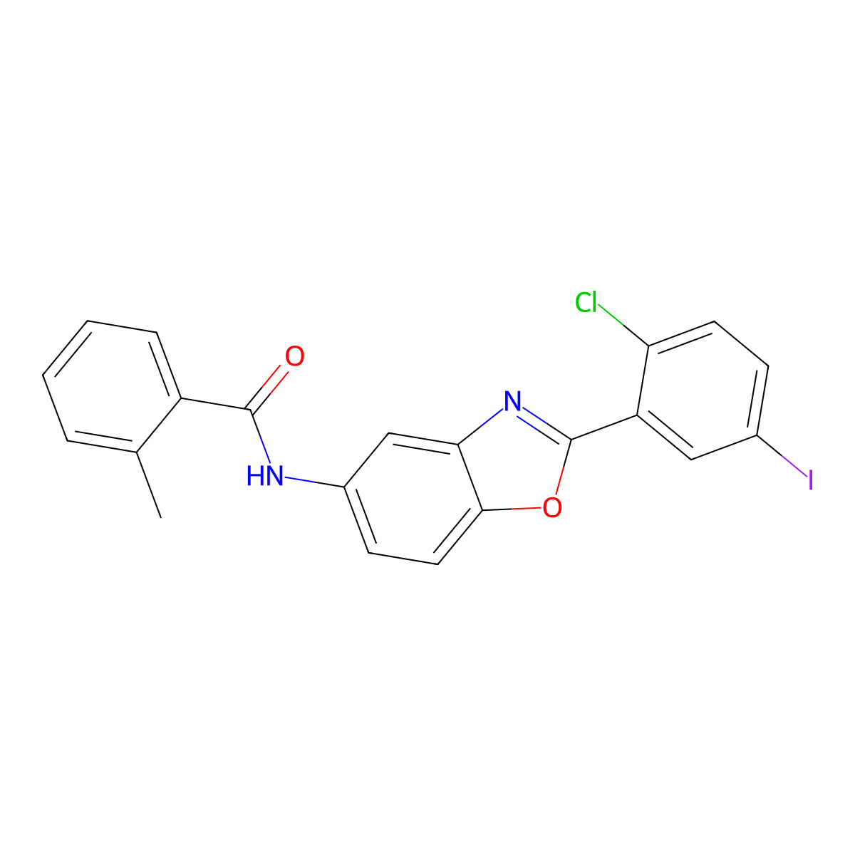 N-[2-(2-chloro-5-iodophenyl)-1,3-benzoxazol-5-yl]-2-methylbenzamide molecular structure, CAS 433691-95-3
