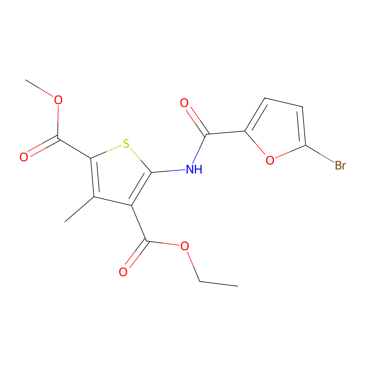 4-O-ethyl 2-O-methyl 5-[(5-bromofuran-2-carbonyl)amino]-3-methylthiophene-2,4-dicarboxylate molecular structure, CAS 433693-74-4