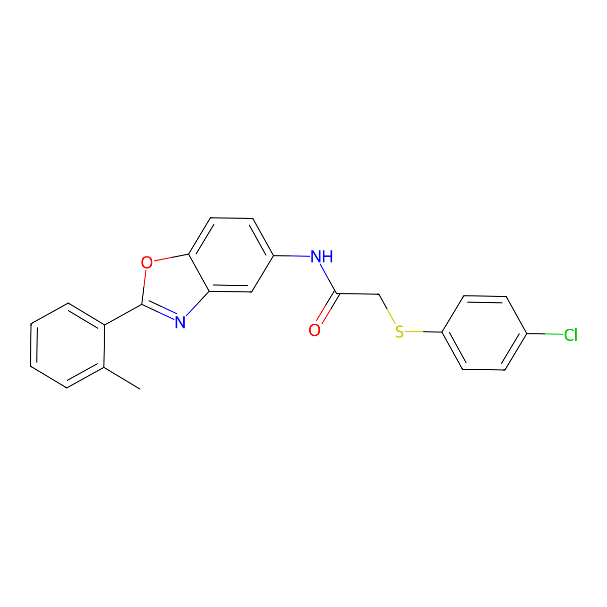 2-(4-chlorophenyl)sulfanyl-N-[2-(2-methylphenyl)-1,3-benzoxazol-5-yl]acetamide molecular structure, CAS 433693-81-3