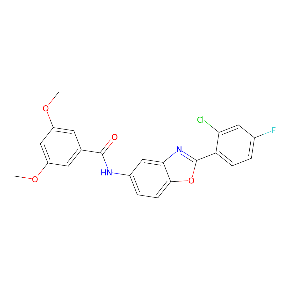 N-[2-(2-chloro-4-fluorophenyl)-1,3-benzoxazol-5-yl]-3,5-dimethoxybenzamide molecular structure, CAS 433693-85-7