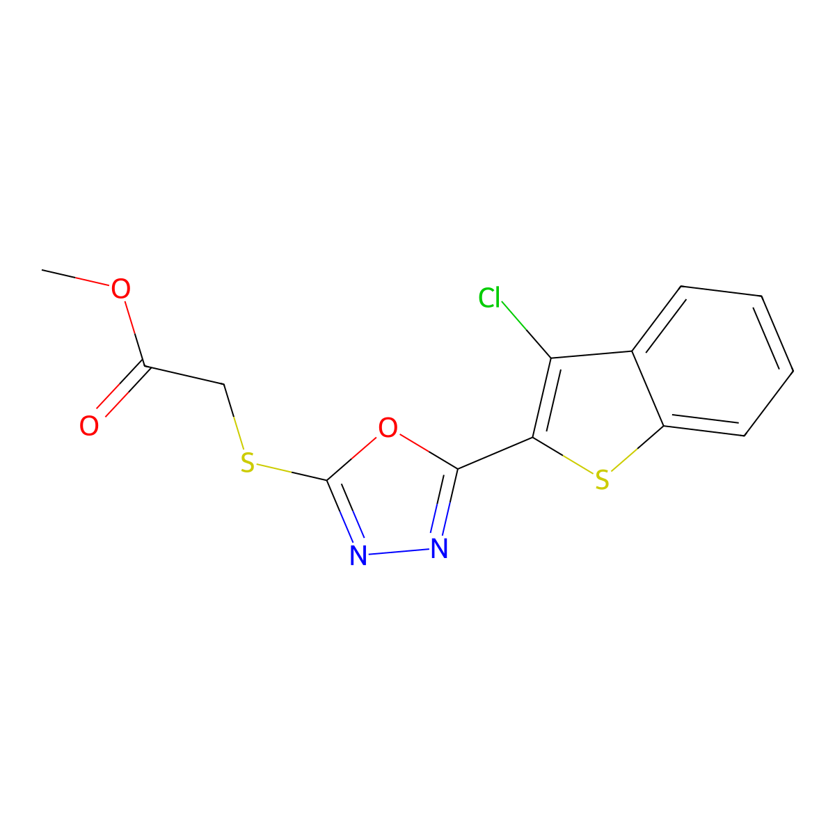 Methyl 2-((5-(3-chlorobenzo[b]thiophen-2-yl)-1,3,4-oxadiazol-2-yl)thio)acetate molecular structure, CAS 433694-47-4