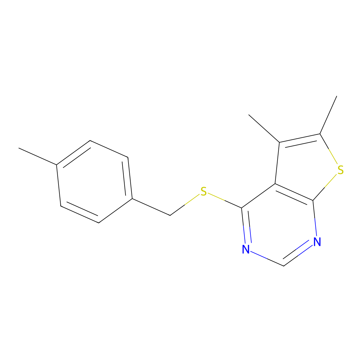 5,6-Dimethyl-4-[(4-methylphenyl)methylsulfanyl]thieno[2,3-d]pyrimidine molecular structure, CAS 433694-58-7