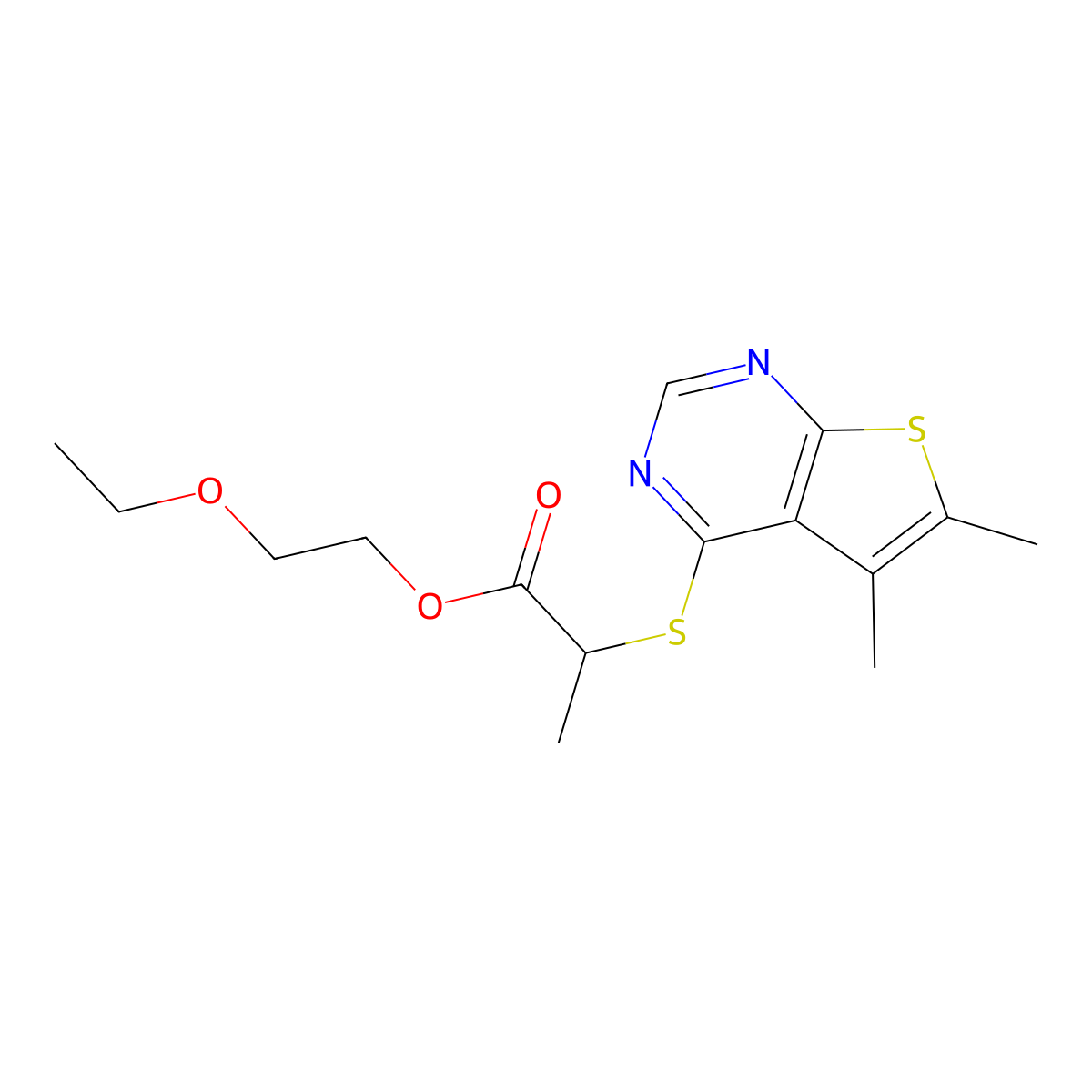 2-Ethoxyethyl 2-((5,6-dimethylthieno[2,3-d]pyrimidin-4-yl)thio)propanoate molecular structure, CAS 433695-70-6