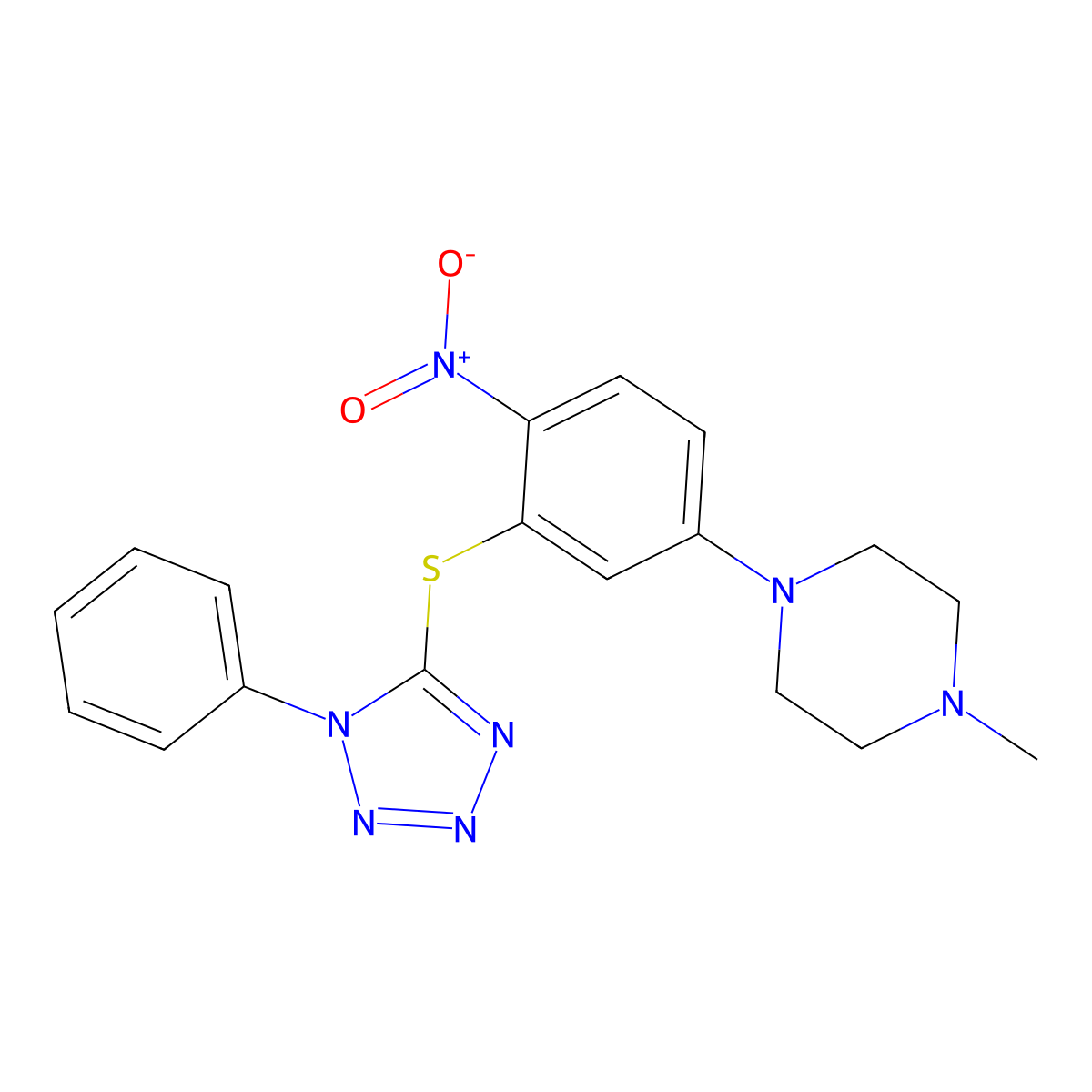 1-Methyl-4-[4-nitro-3-(1-phenyltetrazol-5-yl)sulfanylphenyl]piperazine molecular structure, CAS 433697-89-3