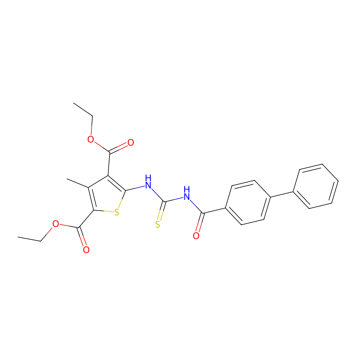 Diethyl 5-{[(biphenyl-4-ylcarbonyl)carbamothioyl]amino}-3-methylthiophene-2,4-dicarboxylate molecular structure, CAS 433698-83-0