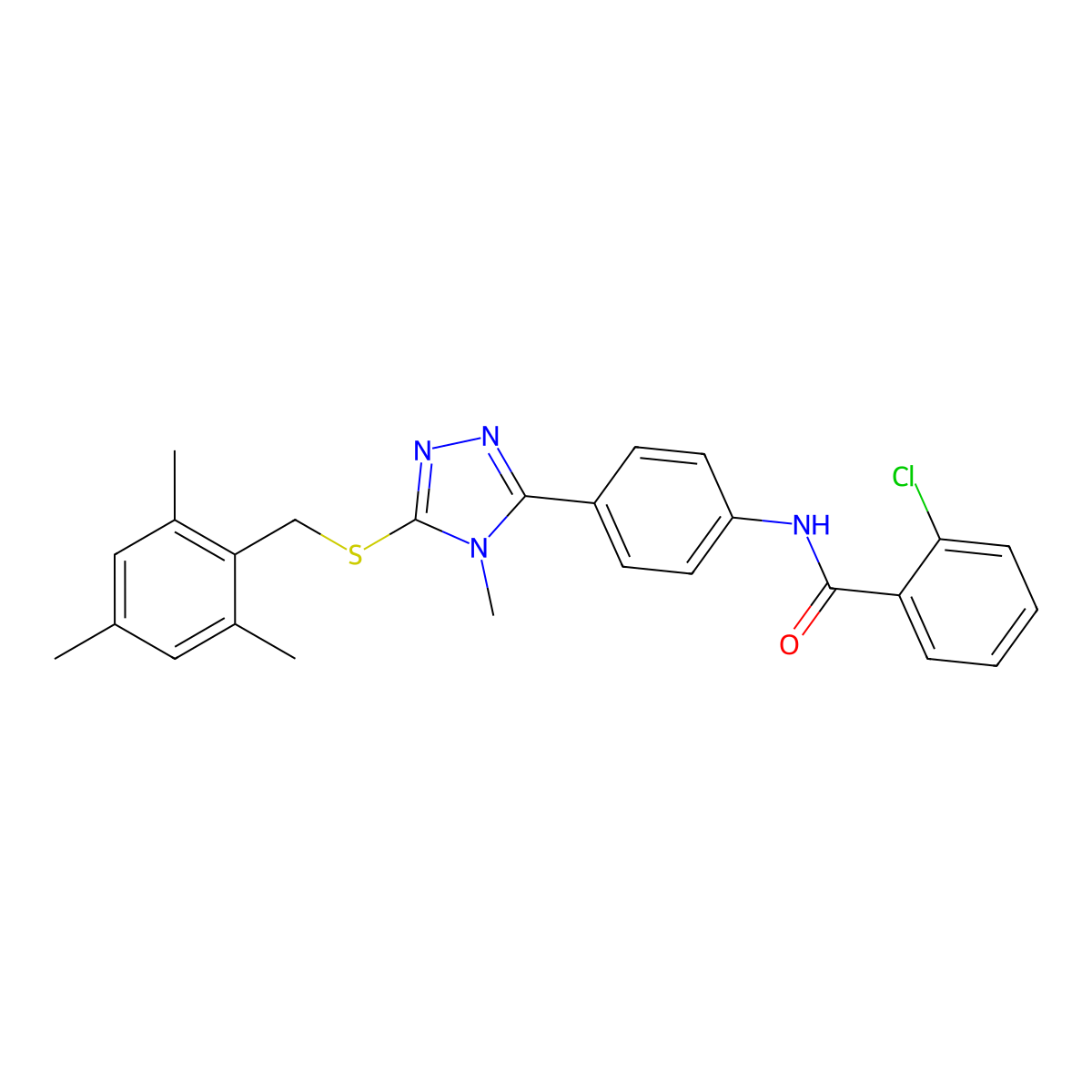 2-chloro-N-[4-[4-methyl-5-[(2,4,6-trimethylphenyl)methylsulfanyl]-1,2,4-triazol-3-yl]phenyl]benzamide molecular structure, CAS 433698-97-6