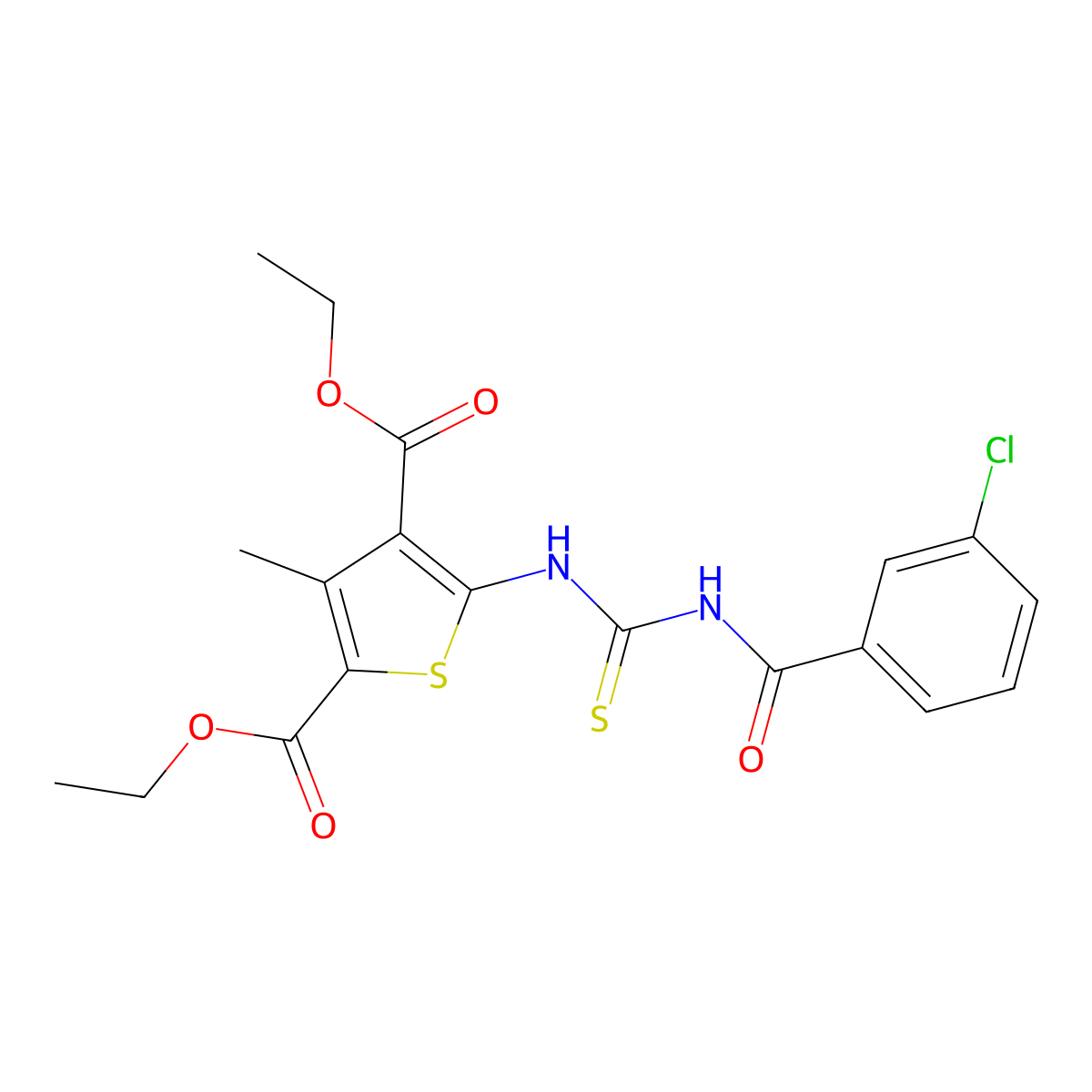 Diethyl 5-(3-(3-chlorobenzoyl)thioureido)-3-methylthiophene-2,4-dicarboxylate molecular structure, CAS 433699-10-6