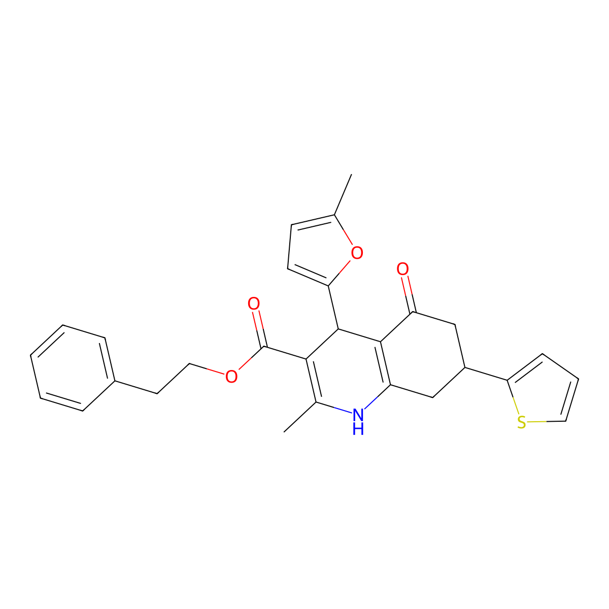 2-Phenylethyl 2-methyl-4-(5-methylfuran-2-yl)-5-oxo-7-(thiophen-2-yl)-1,4,5,6,7,8-hexahydroquinoline-3-carboxylate molecular structure, CAS 433699-53-7