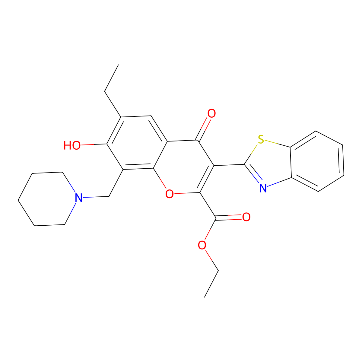 ethyl 3-(benzo[d]thiazol-2-yl)-6-ethyl-7-hydroxy-4-oxo-8-(piperidin-1-ylmethyl)-4H-chromene-2-carboxylate molecular structure, CAS 433700-24-4