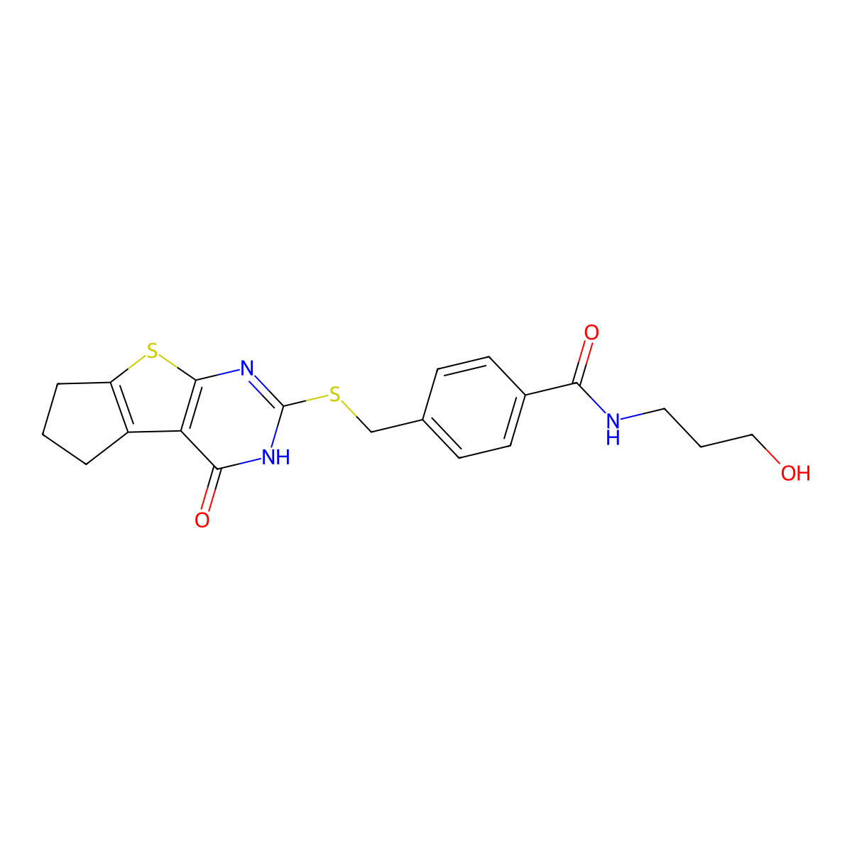 N-(3-hydroxypropyl){4-[(4-oxo(3,5,6,7-tetrahydrocyclopenta[1,2-d]pyrimidino[4, 5-b]thiophen-2-ylthio))methyl]phenyl}carboxamide molecular structure, CAS 433700-37-9