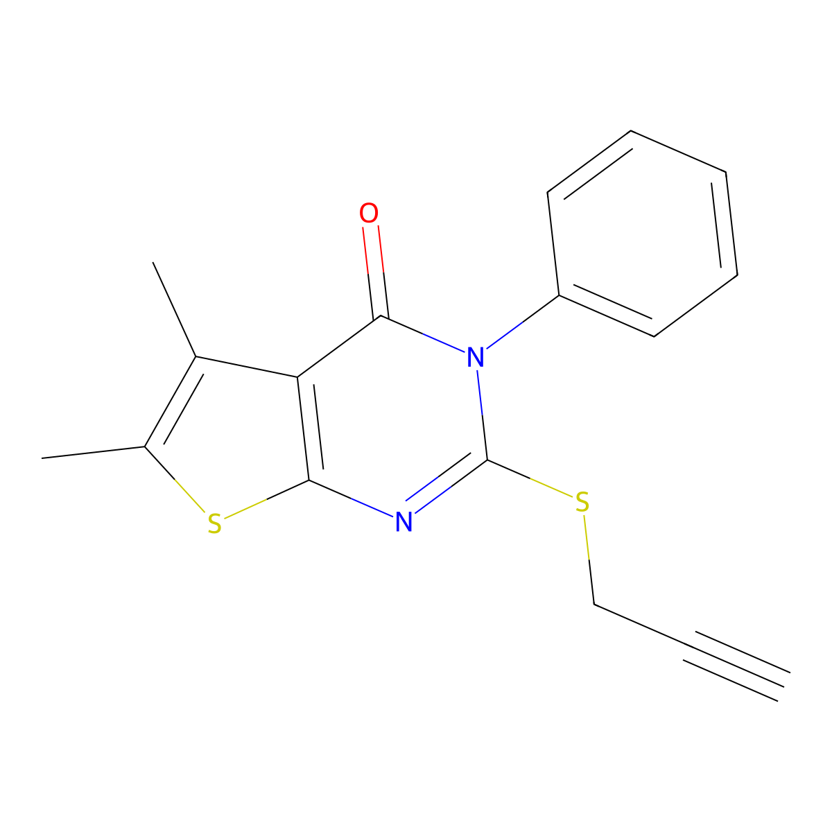 5,6-dimethyl-3-phenyl-2-(prop-2-yn-1-ylthio)thieno[2,3-d]pyrimidin-4(3H)-one molecular structure, CAS 433700-80-2