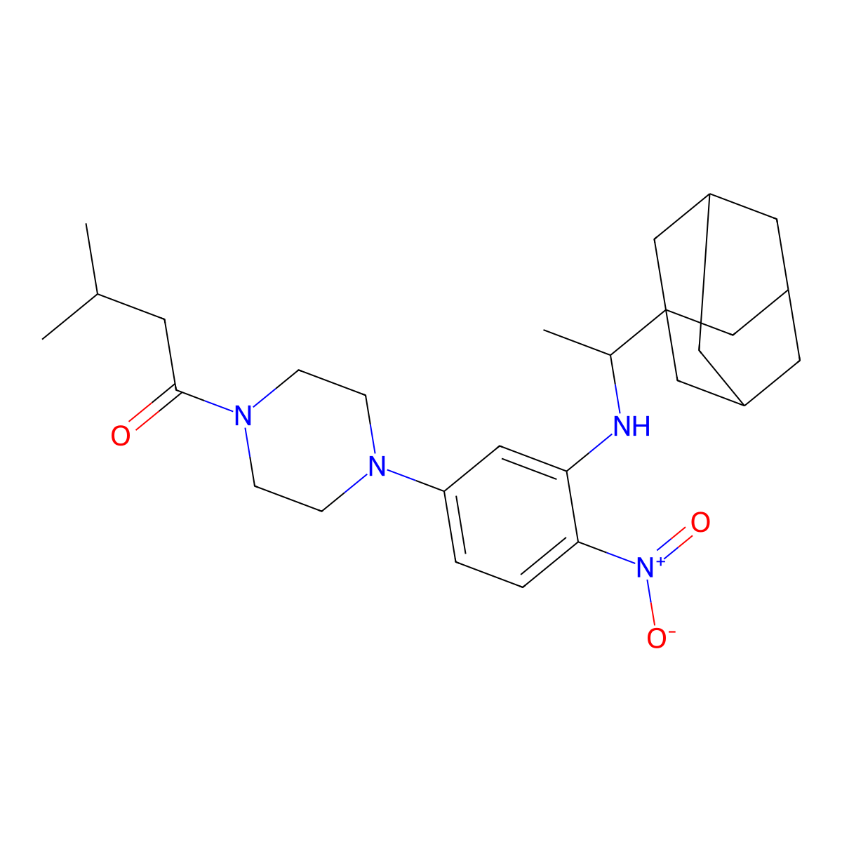 1-[4-[3-[1-(1-Adamantyl)ethylamino]-4-nitrophenyl]piperazin-1-yl]-3-methylbutan-1-one molecular structure, CAS 433701-36-1