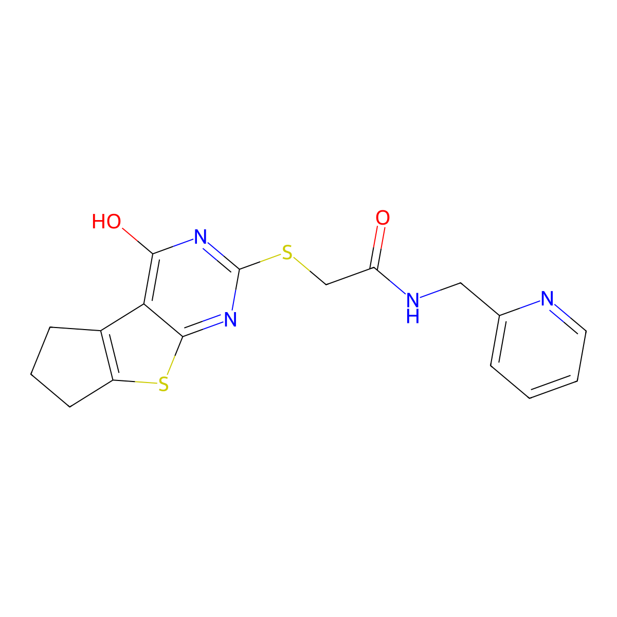 2-((4-oxo-4,5,6,7-tetrahydro-3H-cyclopenta[4,5]thieno[2,3-d]pyrimidin-2-yl)thio)-N-(pyridin-2-ylmethyl)acetamide molecular structure, CAS 433701-48-5