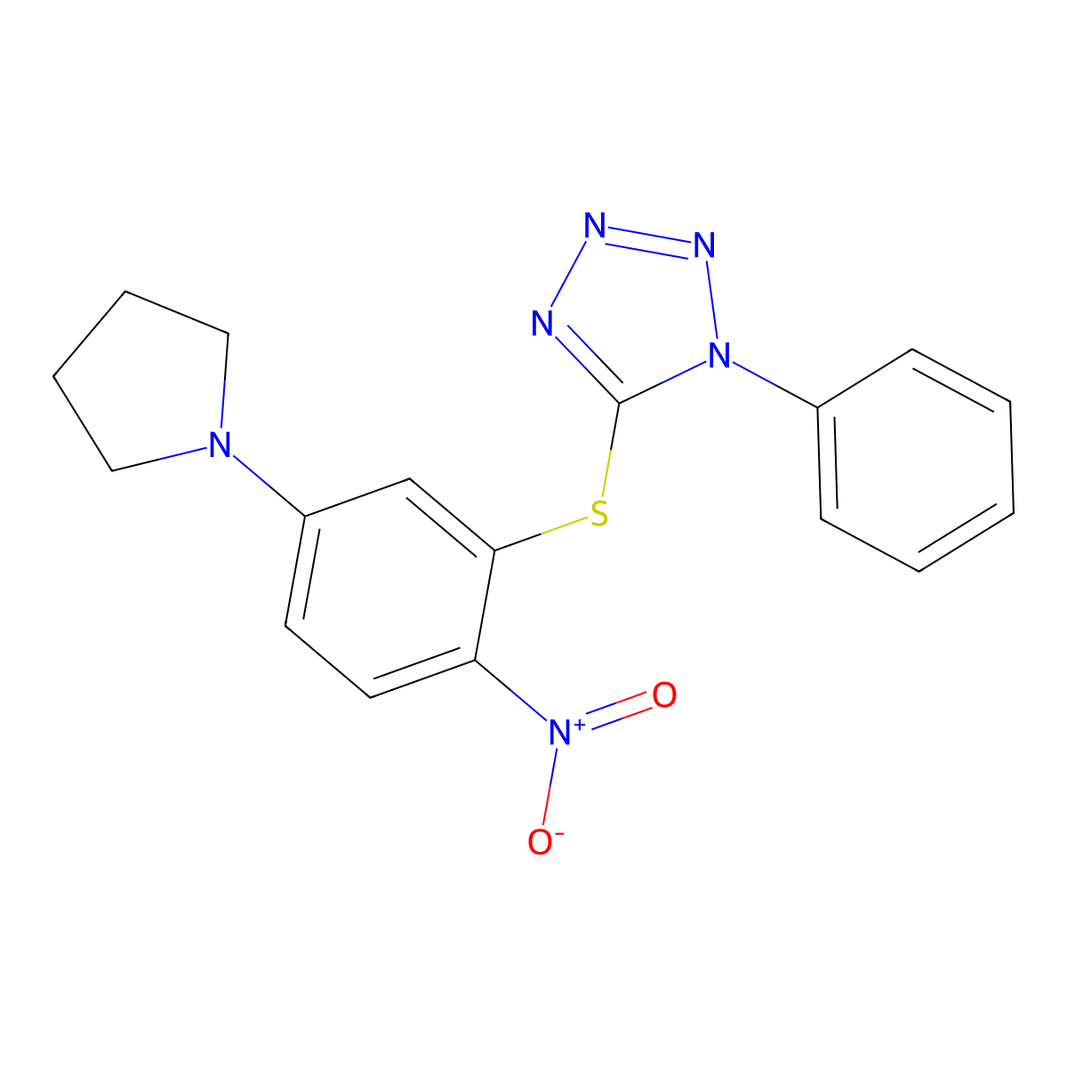 5-(2-Nitro-5-pyrrolidin-1-ylphenyl)sulfanyl-1-phenyltetrazole molecular structure, CAS 433701-51-0