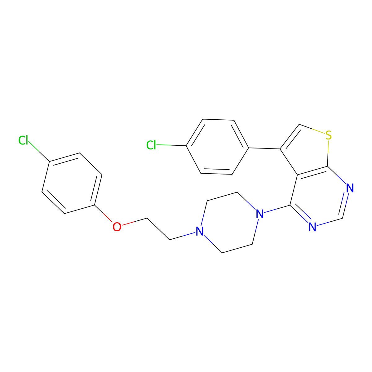 4-(4-(2-(4-Chlorophenoxy)ethyl)piperazin-1-yl)-5-(4-chlorophenyl)thieno[2,3-d]pyrimidine molecular structure, CAS 433701-74-7