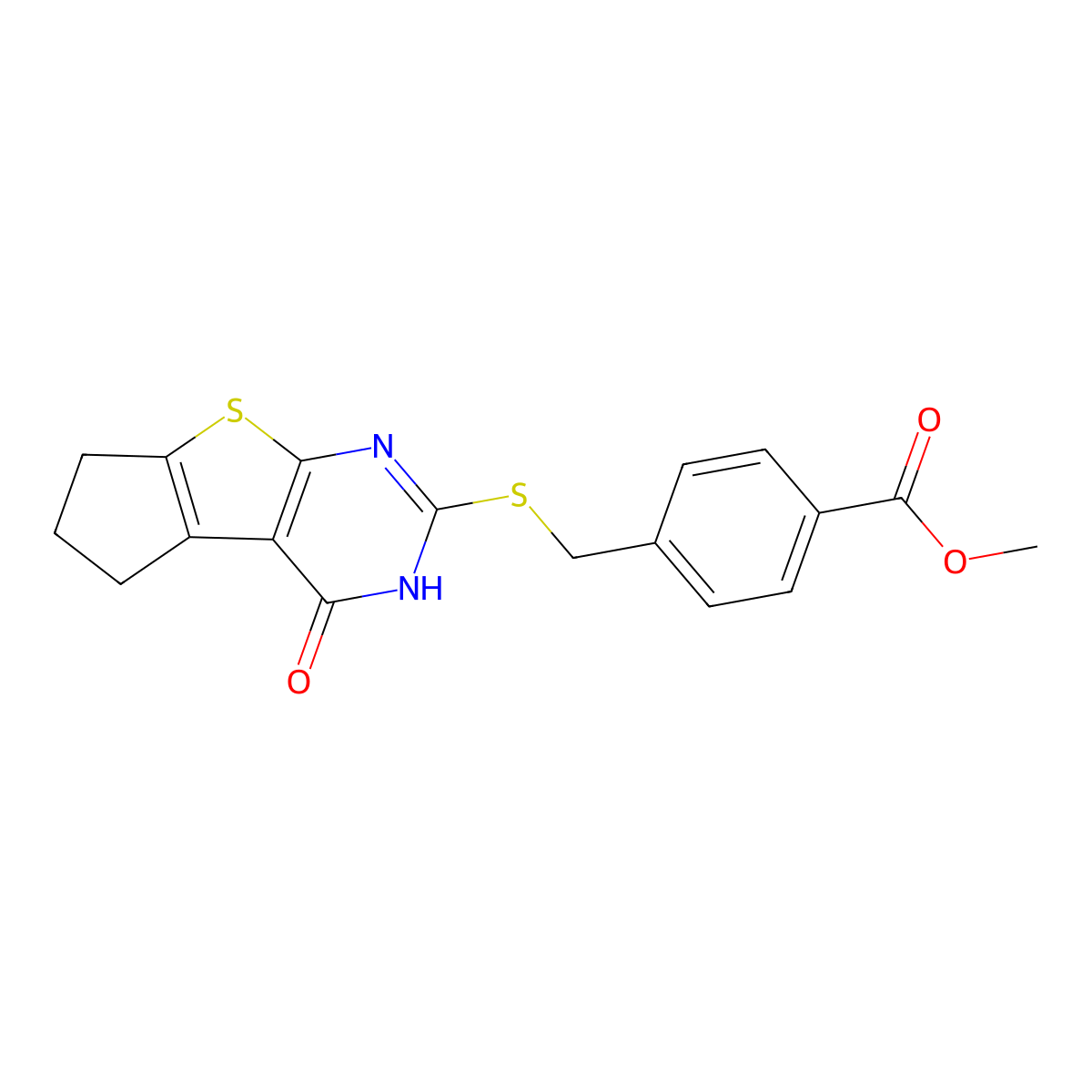 methyl 4-{[(4-hydroxy-6,7-dihydro-5H-cyclopenta[4,5]thieno[2,3-d]pyrimidin-2-yl)sulfanyl]methyl}benzoate molecular structure, CAS 433702-10-4