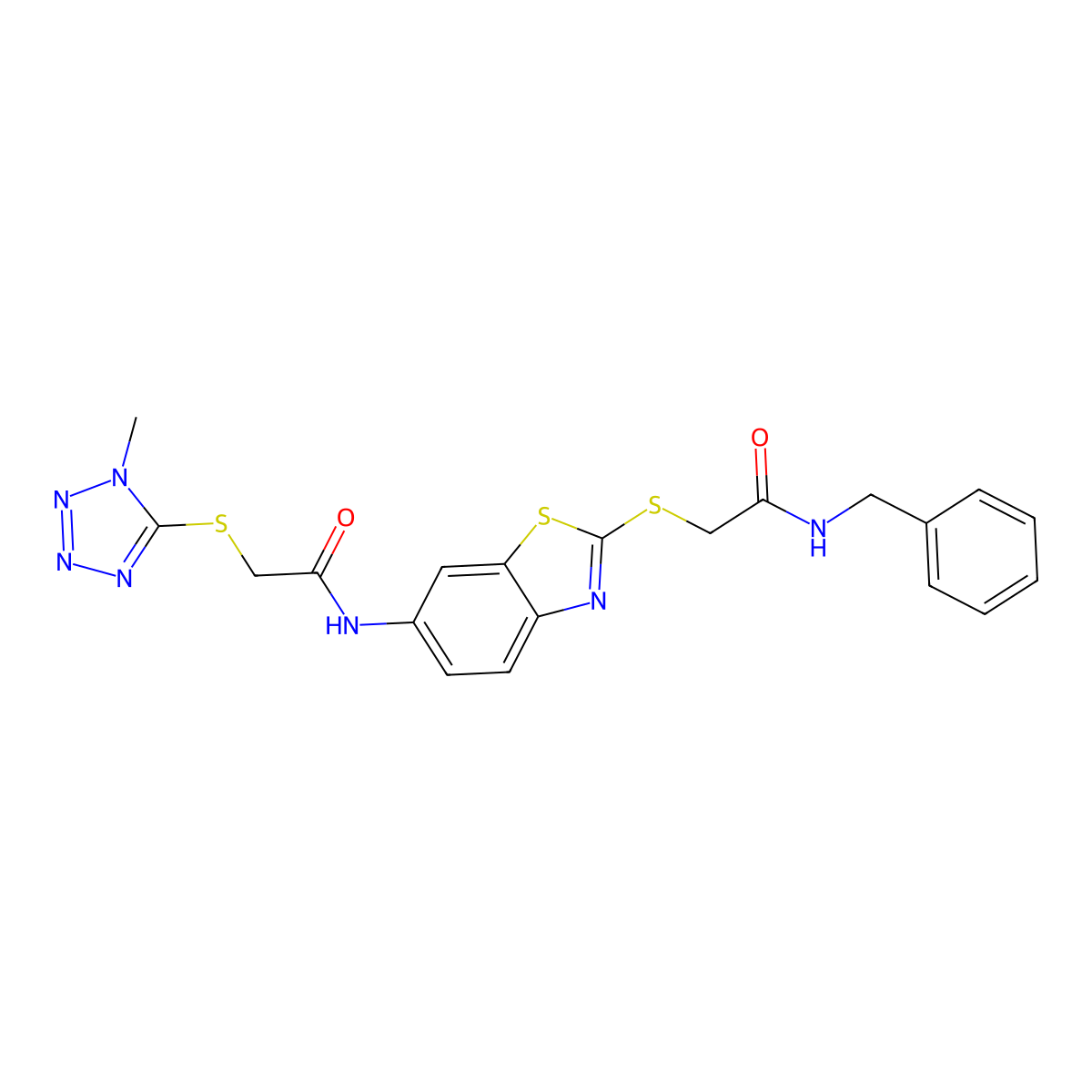 N-[2-[2-(benzylamino)-2-oxoethyl]sulfanyl-1,3-benzothiazol-6-yl]-2-(1-methyltetrazol-5-yl)sulfanylacetamide molecular structure, CAS 433702-34-2