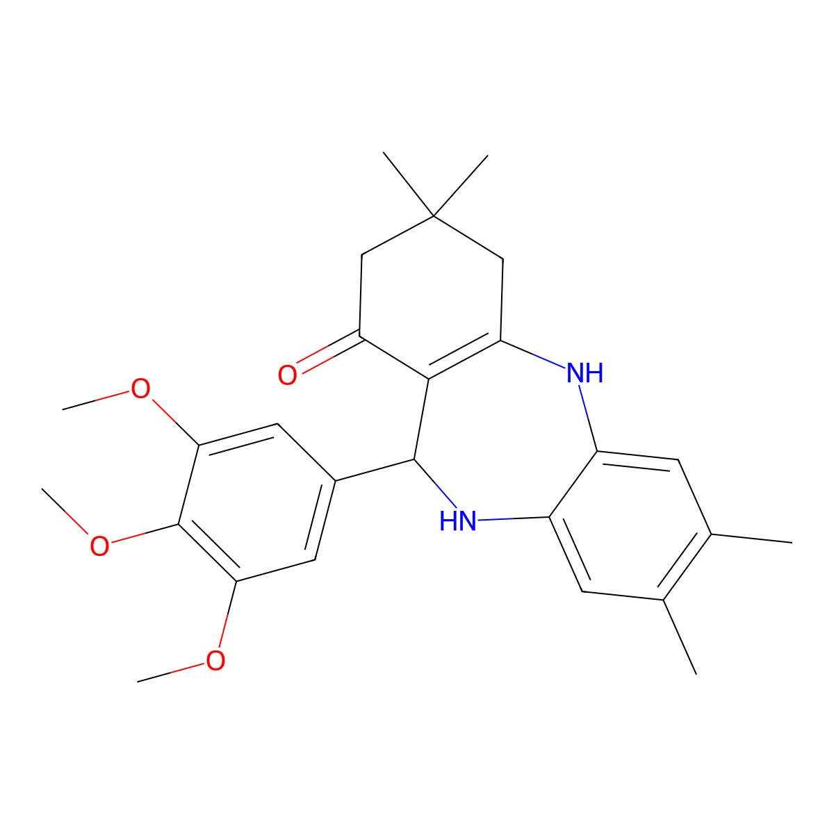 2,3,9,9-tetramethyl-6-(3,4,5-trimethoxyphenyl)-6,8,10,11-tetrahydro-5H-benzo[b][1,4]benzodiazepin-7-one molecular structure, CAS 433702-59-1