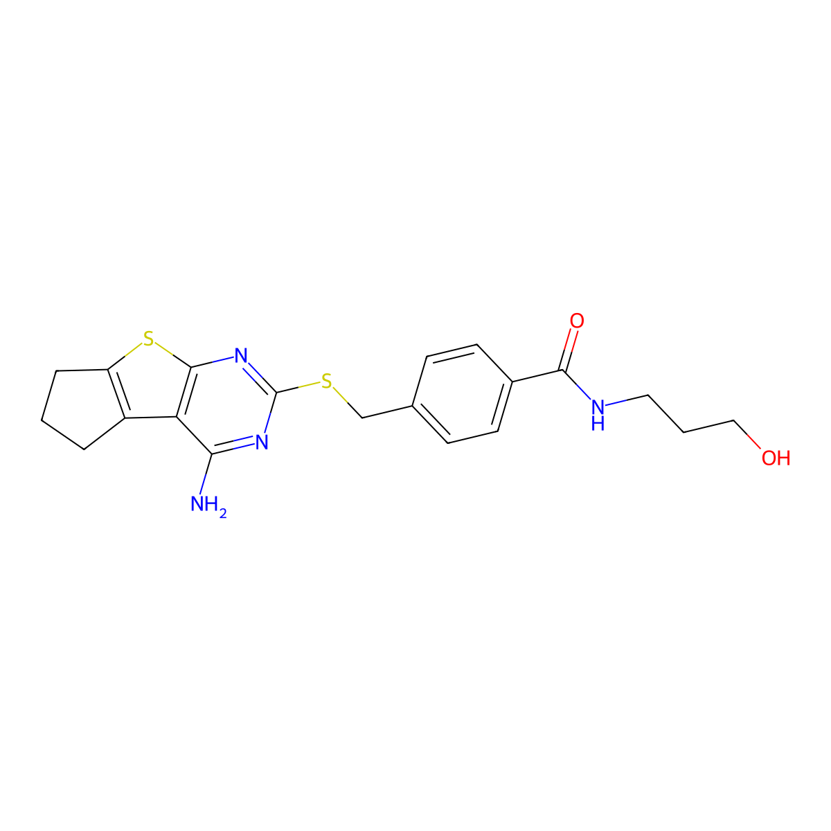 4-(((4-amino-6,7-dihydro-5H-cyclopenta[4,5]thieno[2,3-d]pyrimidin-2-yl)thio)methyl)-N-(3-hydroxypropyl)benzamide molecular structure, CAS 433702-66-0