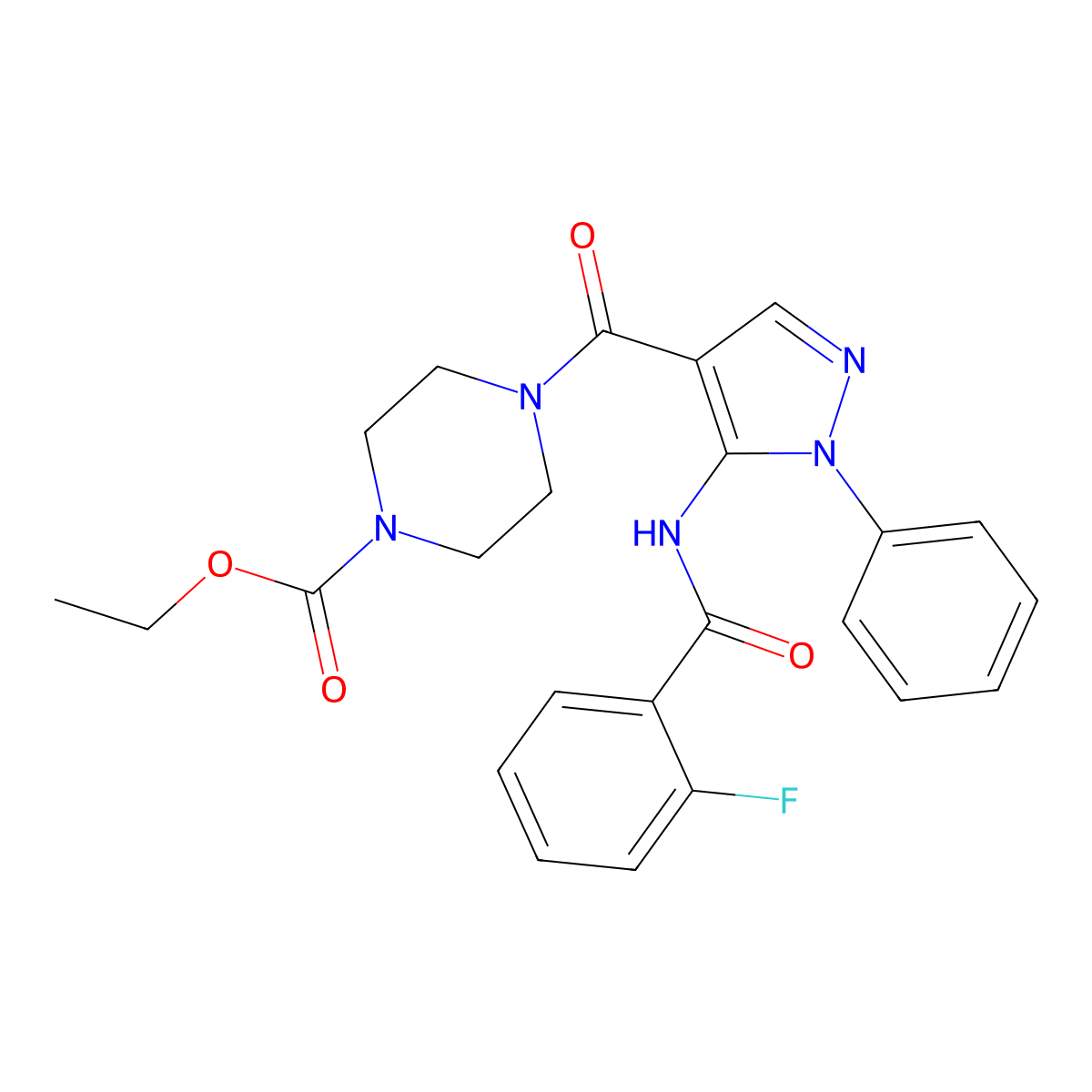 ethyl 4-[(5-{[(2-fluorophenyl)carbonyl]amino}-1-phenyl-1H-pyrazol-4-yl)carbonyl]piperazine-1-carboxylate molecular structure, CAS 433702-77-3