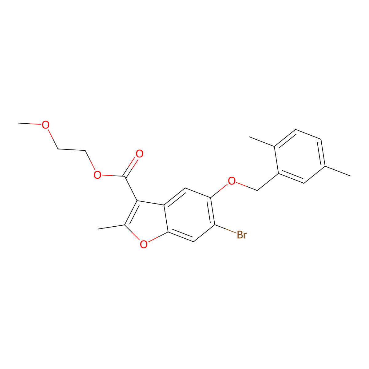 2-Methoxyethyl 6-bromo-5-[(2,5-dimethylphenyl)methoxy]-2-methyl-1-benzofuran-3-carboxylate molecular structure, CAS 433704-51-9