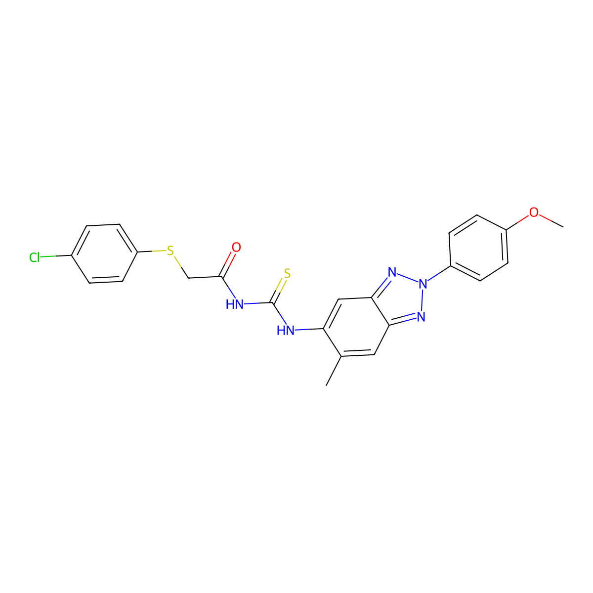 2-(4-chlorophenyl)sulfanyl-N-[[2-(4-methoxyphenyl)-6-methylbenzotriazol-5-yl]carbamothioyl]acetamide molecular structure, CAS 433706-01-5