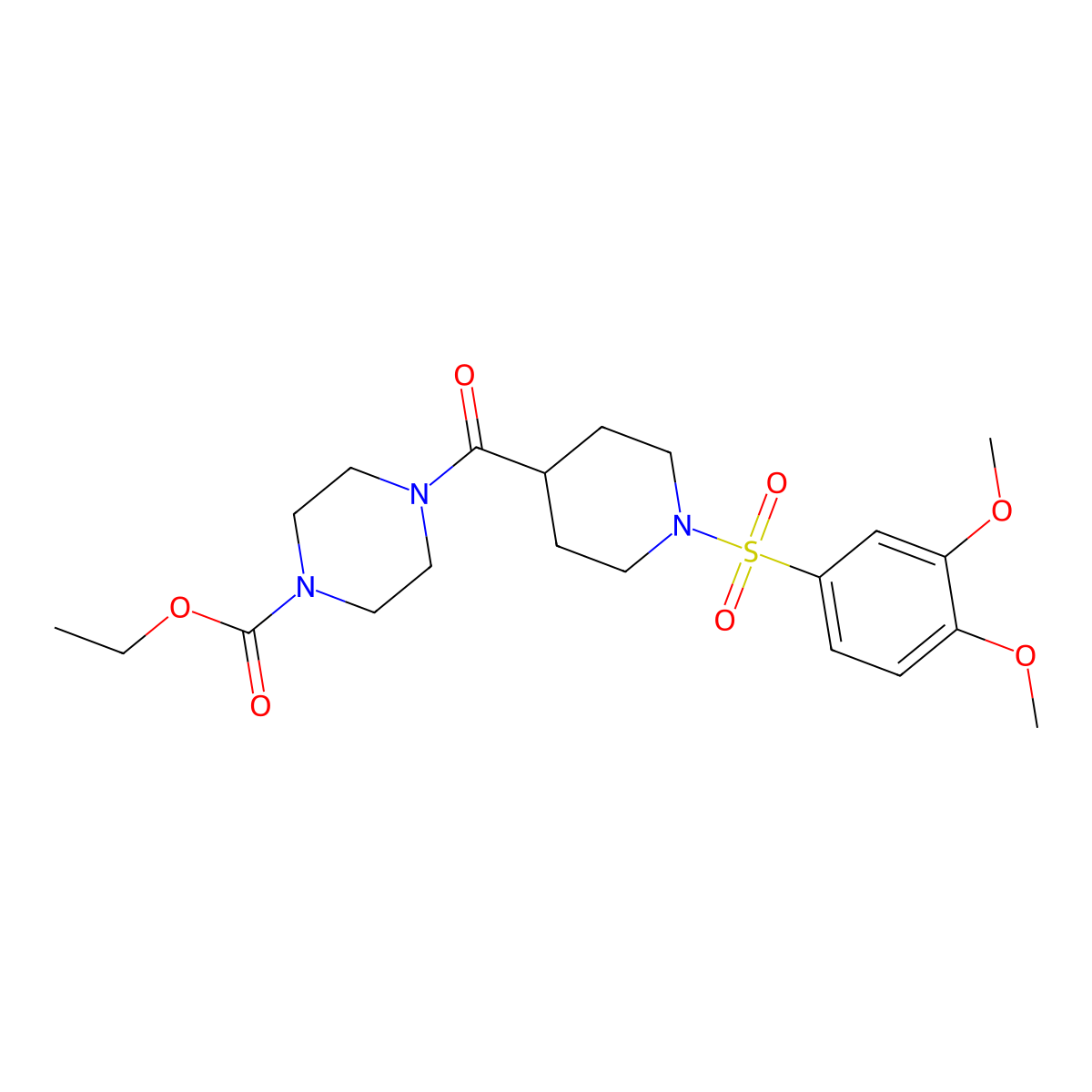 Ethyl 4-({1-[(3,4-dimethoxyphenyl)sulfonyl]piperidin-4-yl}carbonyl)piperazine-1-carboxylate molecular structure, CAS 433706-22-0