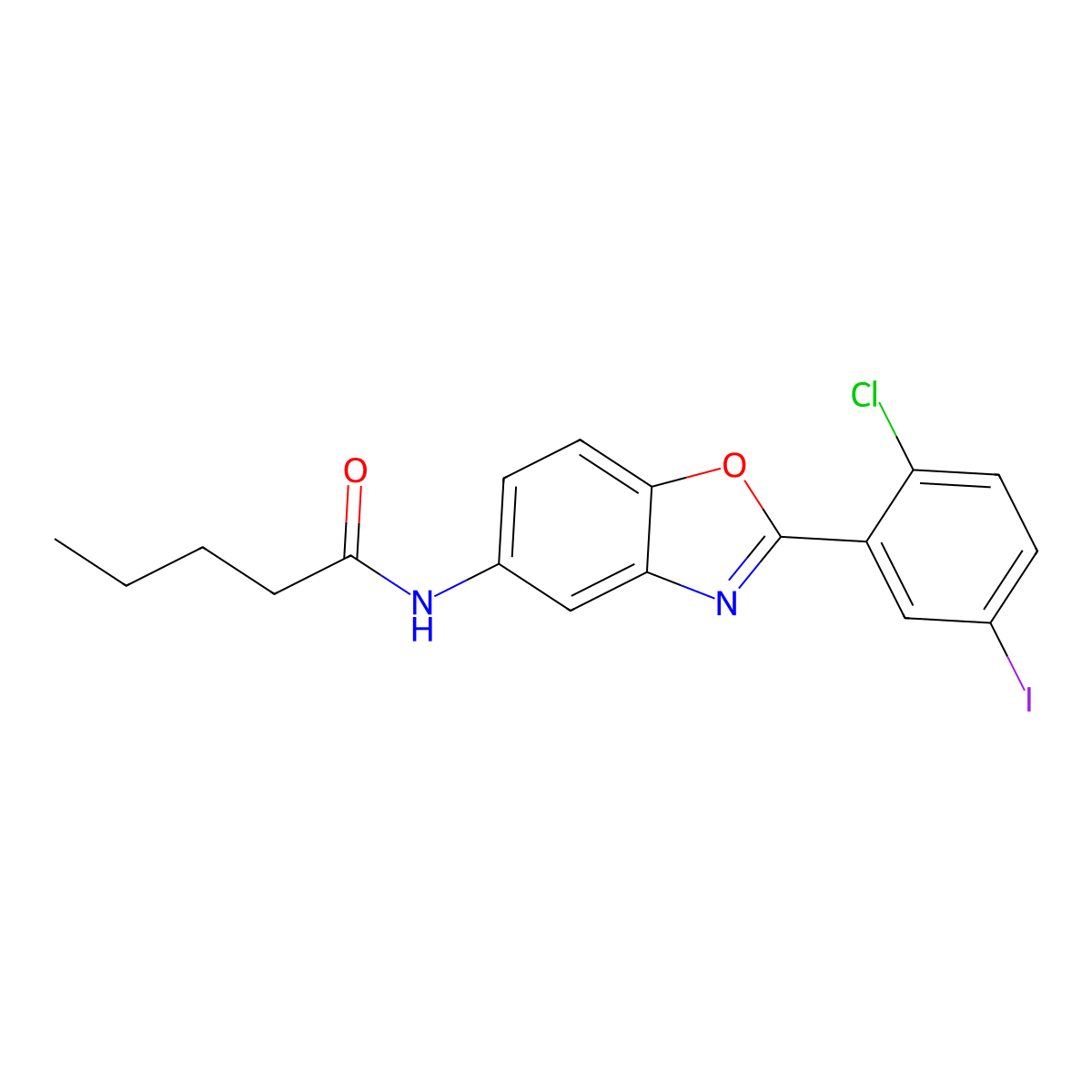 N-[2-(2-chloro-5-iodophenyl)-1,3-benzoxazol-5-yl]pentanamide molecular structure, CAS 433708-43-1