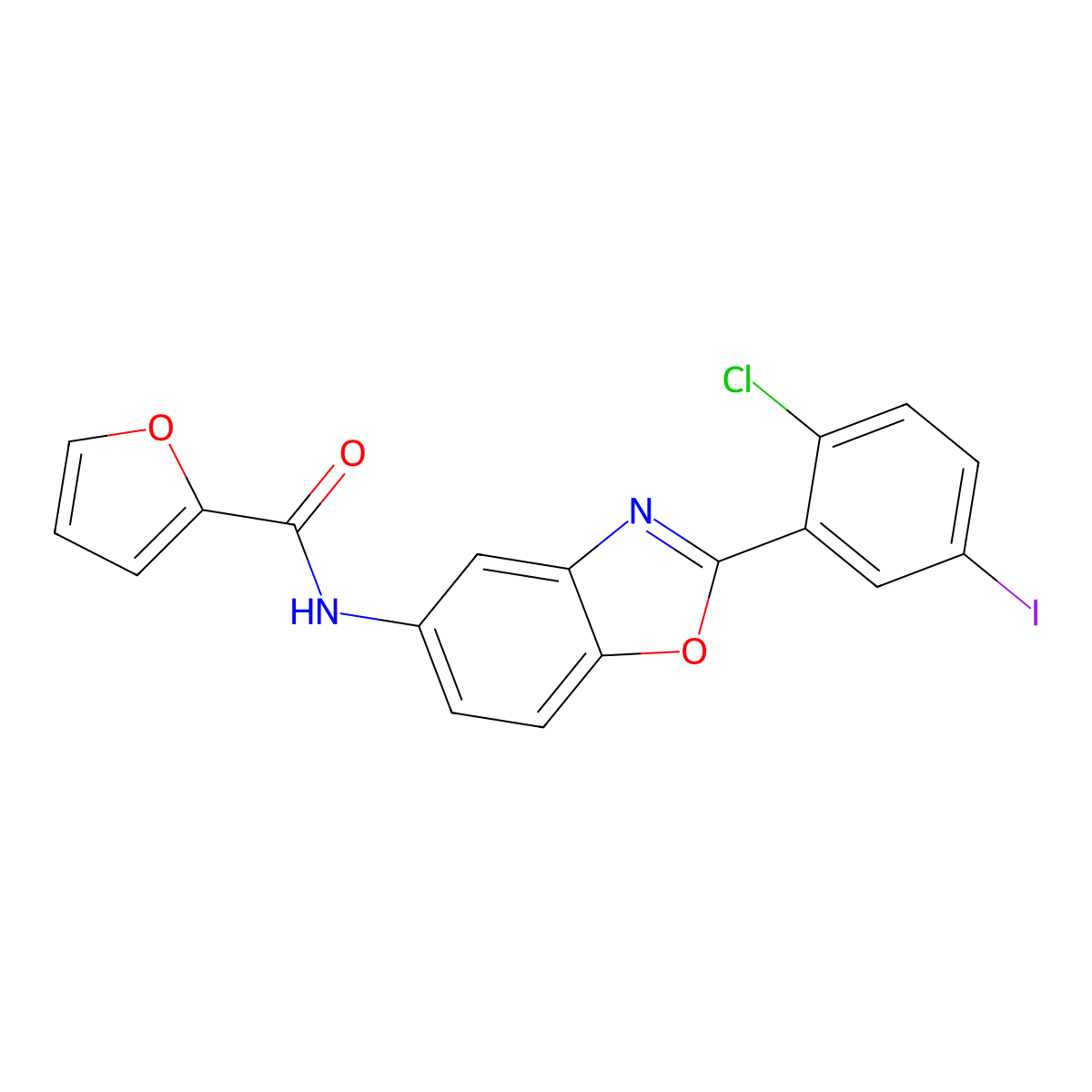 N-[2-(2-chloro-5-iodophenyl)-1,3-benzoxazol-5-yl]furan-2-carboxamide molecular structure, CAS 433708-63-5