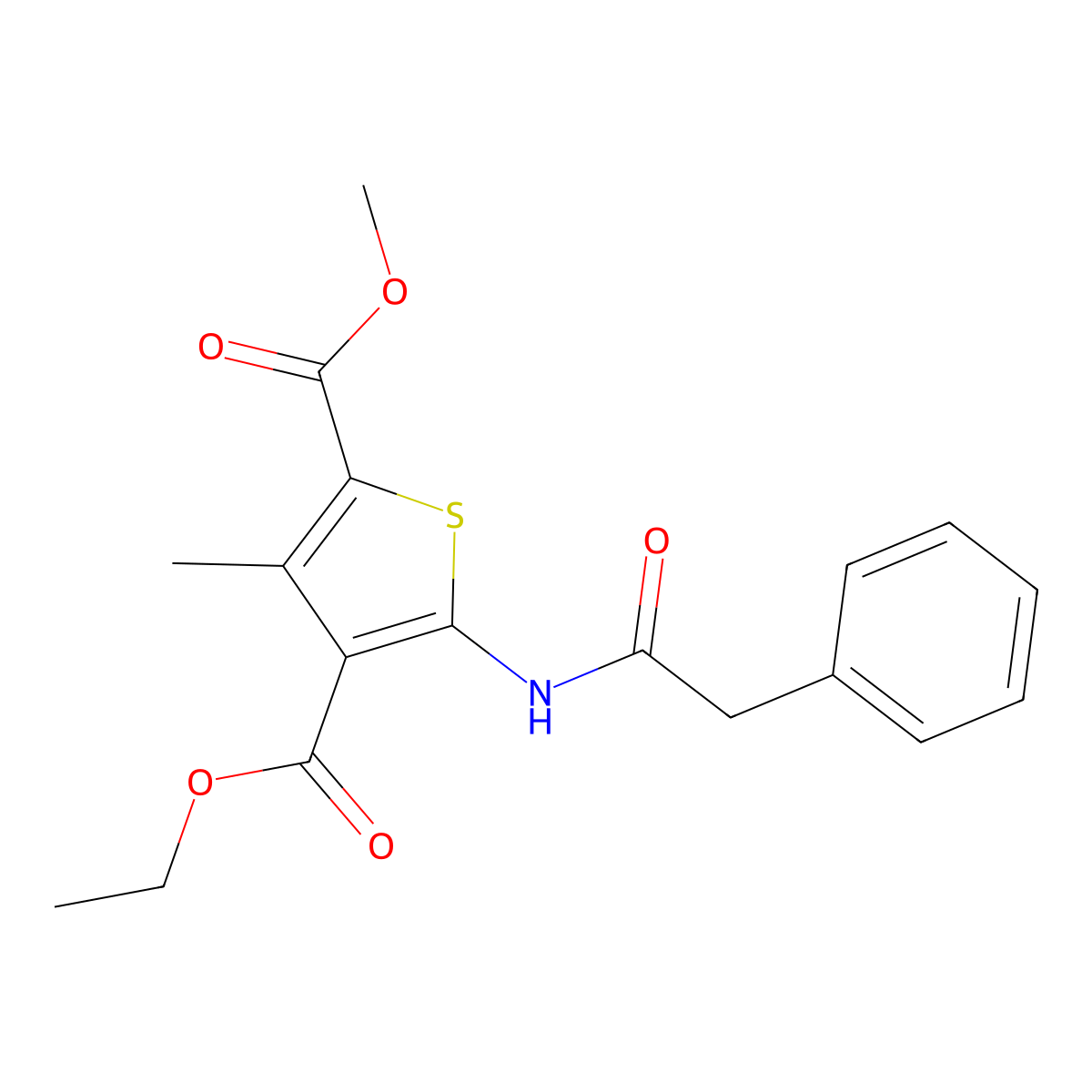 4-O-ethyl 2-O-methyl 3-methyl-5-[(2-phenylacetyl)amino]thiophene-2,4-dicarboxylate molecular structure, CAS 433941-23-2