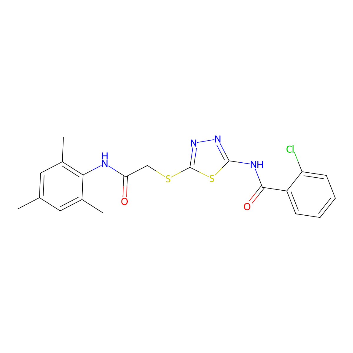 2-chloro-N-[5-[2-oxo-2-(2,4,6-trimethylanilino)ethyl]sulfanyl-1,3,4-thiadiazol-2-yl]benzamide molecular structure, CAS 433941-52-7