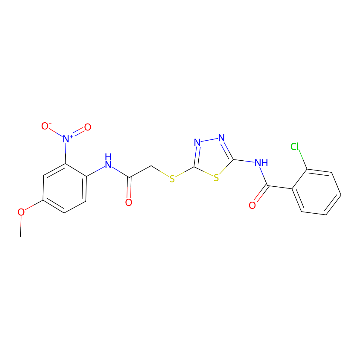 2-chloro-N-[5-[2-(4-methoxy-2-nitroanilino)-2-oxoethyl]sulfanyl-1,3,4-thiadiazol-2-yl]benzamide molecular structure, CAS 433941-93-6