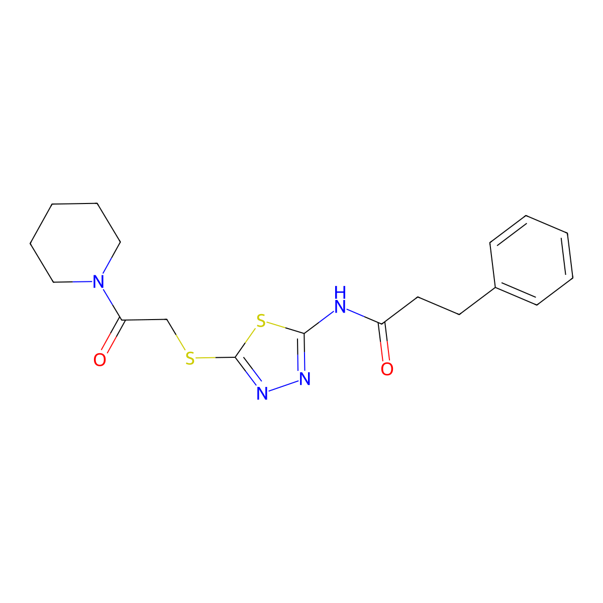 N-(5-((2-oxo-2-(piperidin-1-yl)ethyl)thio)-1,3,4-thiadiazol-2-yl)-3-phenylpropanamide molecular structure, CAS 433942-05-3