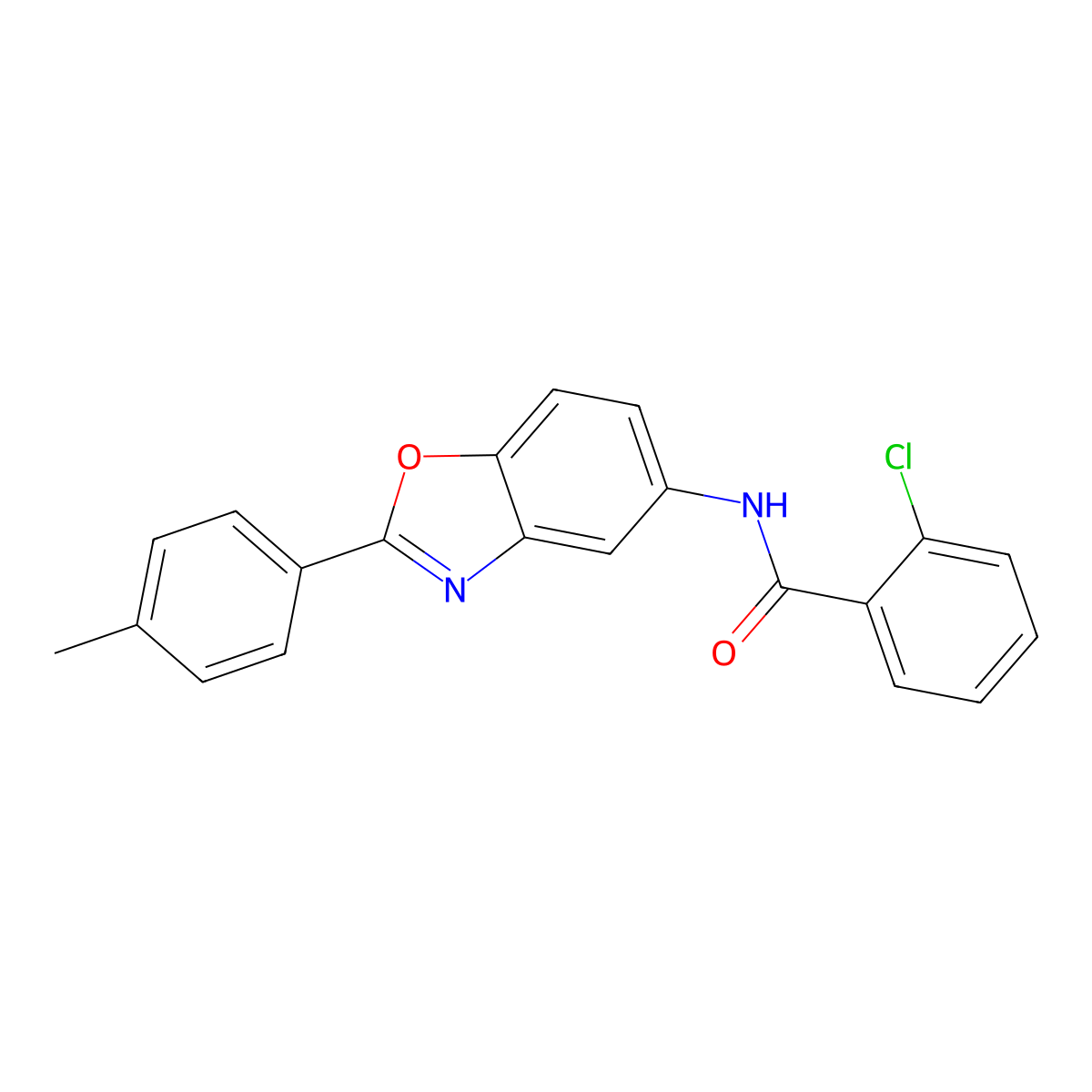 2-chloro-N-[2-(4-methylphenyl)-1,3-benzoxazol-5-yl]benzamide molecular structure, CAS 433942-19-9