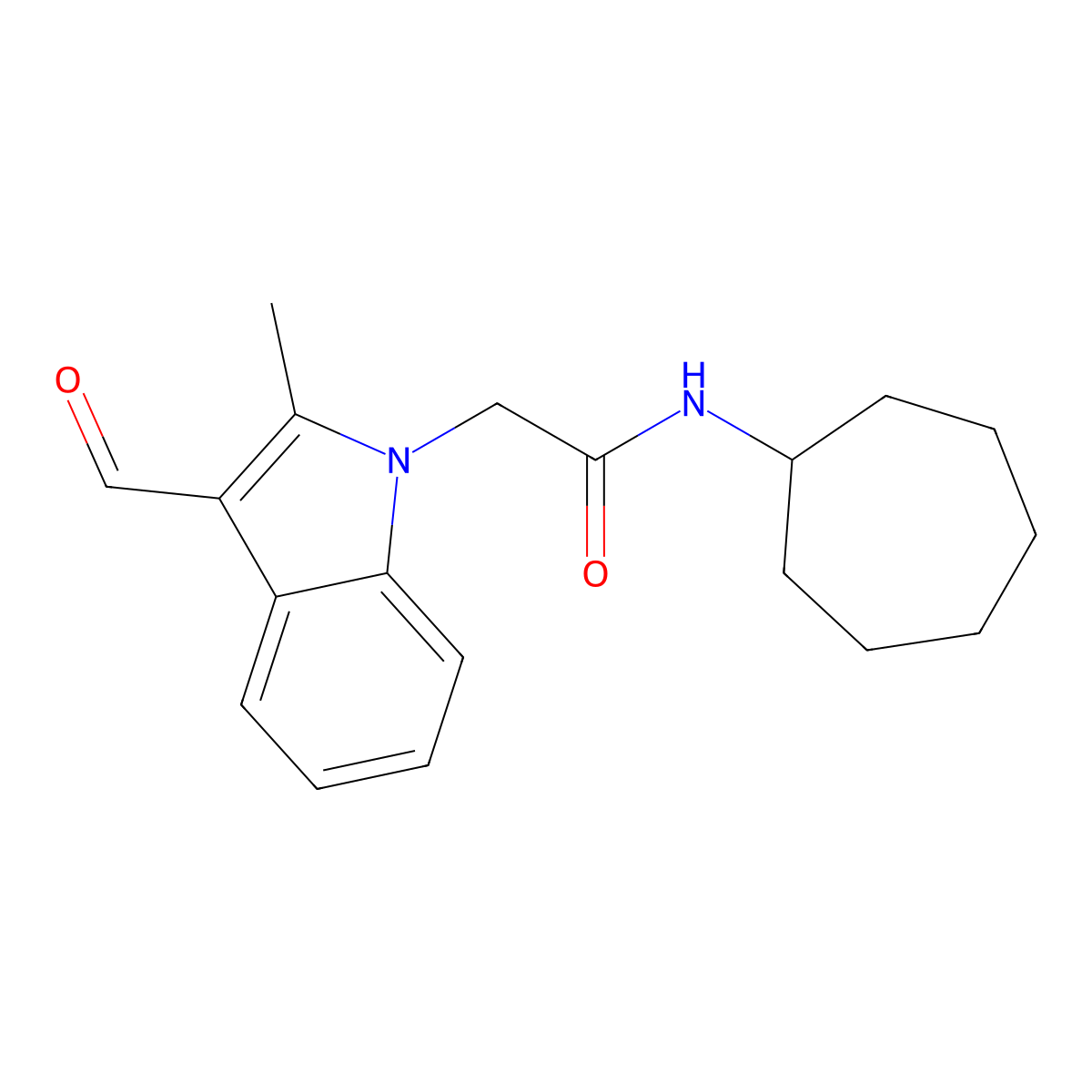 N-cycloheptyl-2-(3-formyl-2-methyl-1H-indol-1-yl)acetamide molecular structure, CAS 433942-33-7