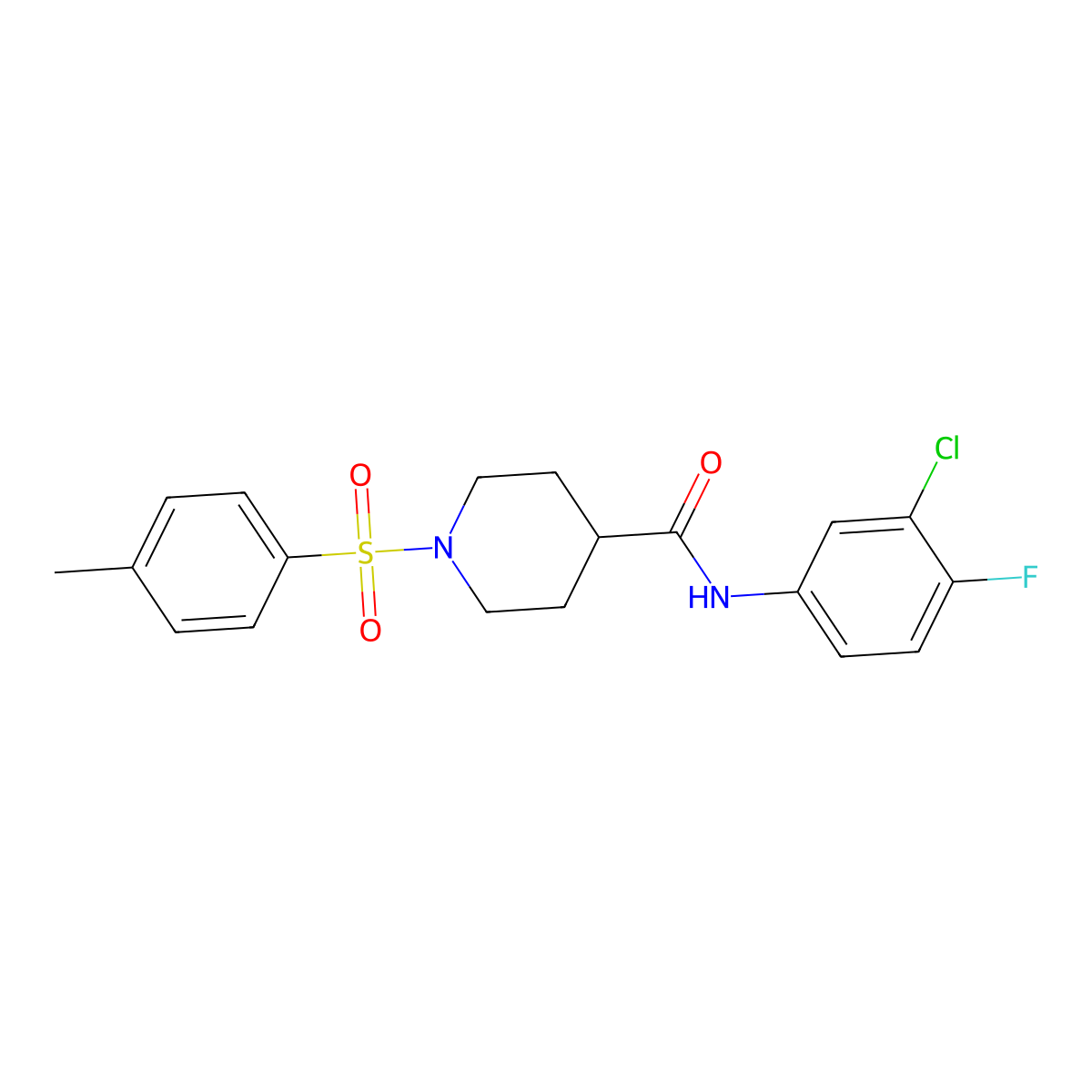 N-(3-chloro-4-fluorophenyl)-1-(4-methylphenyl)sulfonylpiperidine-4-carboxamide molecular structure, CAS 433943-21-6