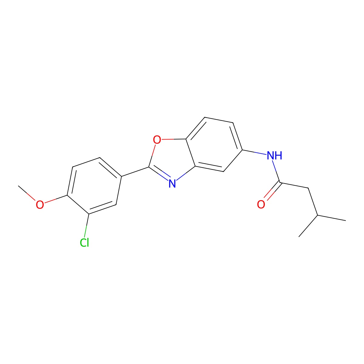 N-[2-(3-chloro-4-methoxyphenyl)-1,3-benzoxazol-5-yl]-3-methylbutanamide molecular structure, CAS 433943-61-4