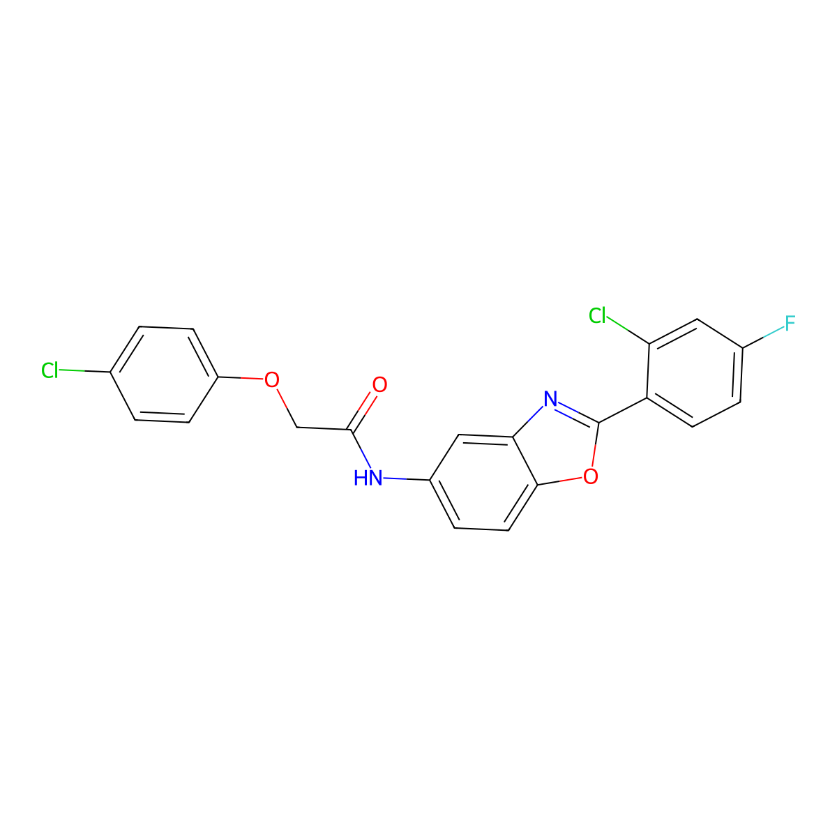 N-[2-(2-chloro-4-fluorophenyl)-1,3-benzoxazol-5-yl]-2-(4-chlorophenoxy)acetamide molecular structure, CAS 433943-89-6