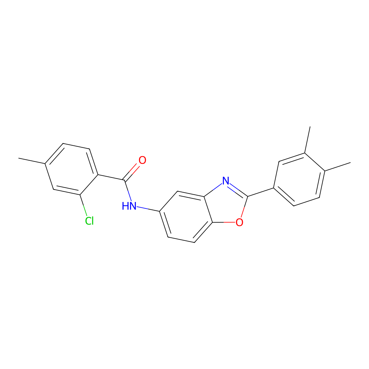 2-chloro-N-[2-(3,4-dimethylphenyl)-1,3-benzoxazol-5-yl]-4-methylbenzamide molecular structure, CAS 433944-75-3