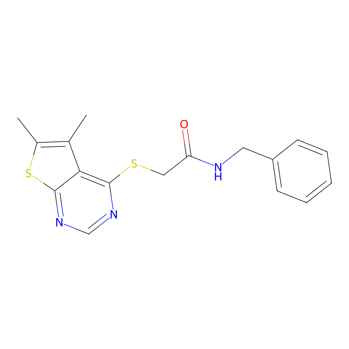 N-benzyl-2-(5,6-dimethylthieno[2,3-d]pyrimidin-4-yl)sulfanylacetamide molecular structure, CAS 433945-76-7