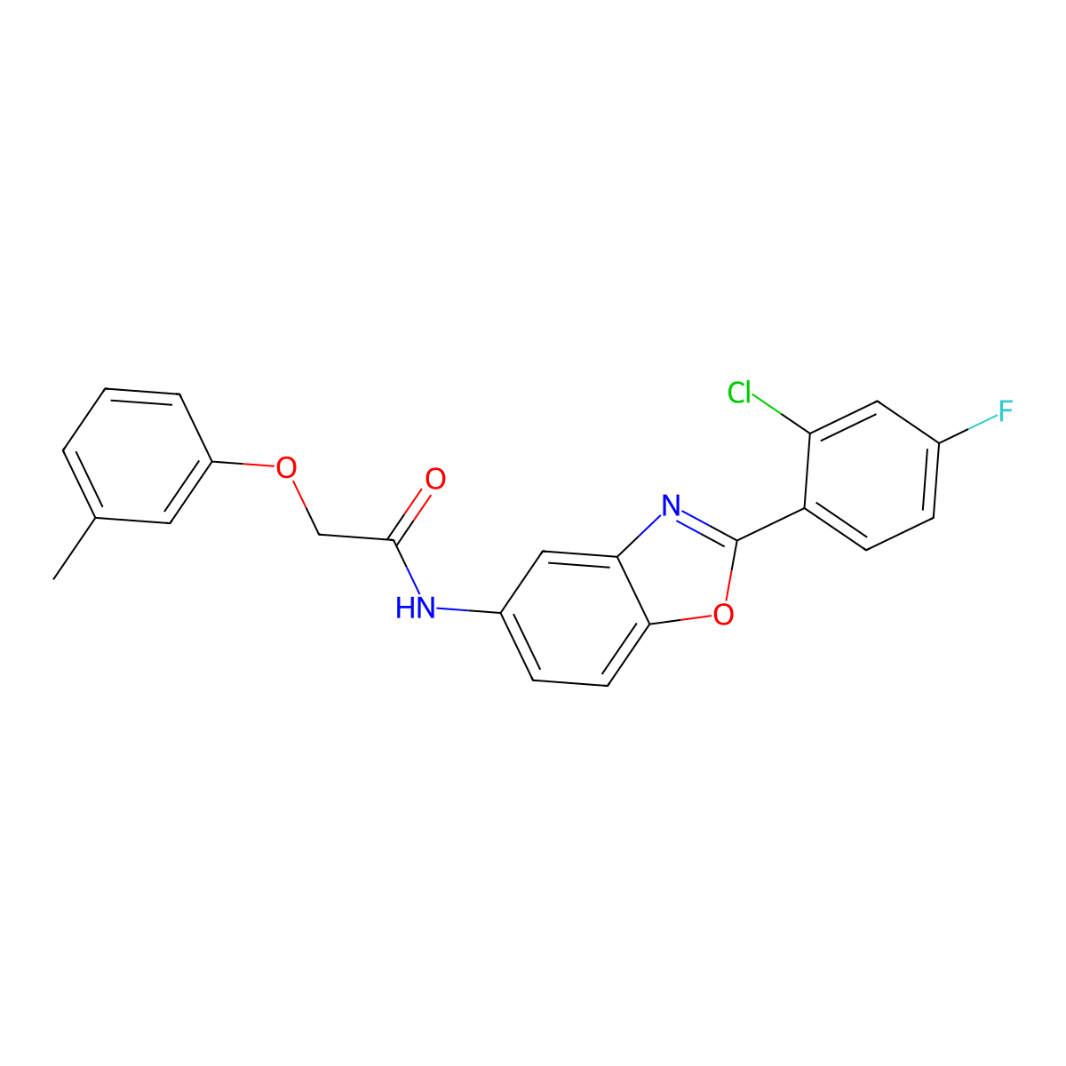 N-[2-(2-chloro-4-fluorophenyl)-1,3-benzoxazol-5-yl]-2-(3-methylphenoxy)acetamide molecular structure, CAS 433946-03-3