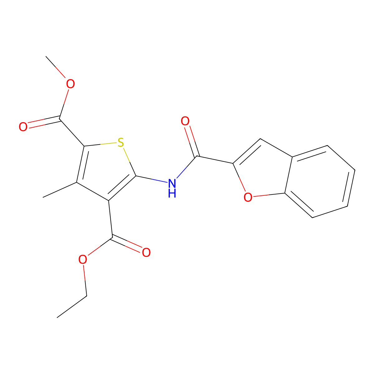4-O-ethyl 2-O-methyl 5-(1-benzofuran-2-carbonylamino)-3-methylthiophene-2,4-dicarboxylate molecular structure, CAS 433947-47-8