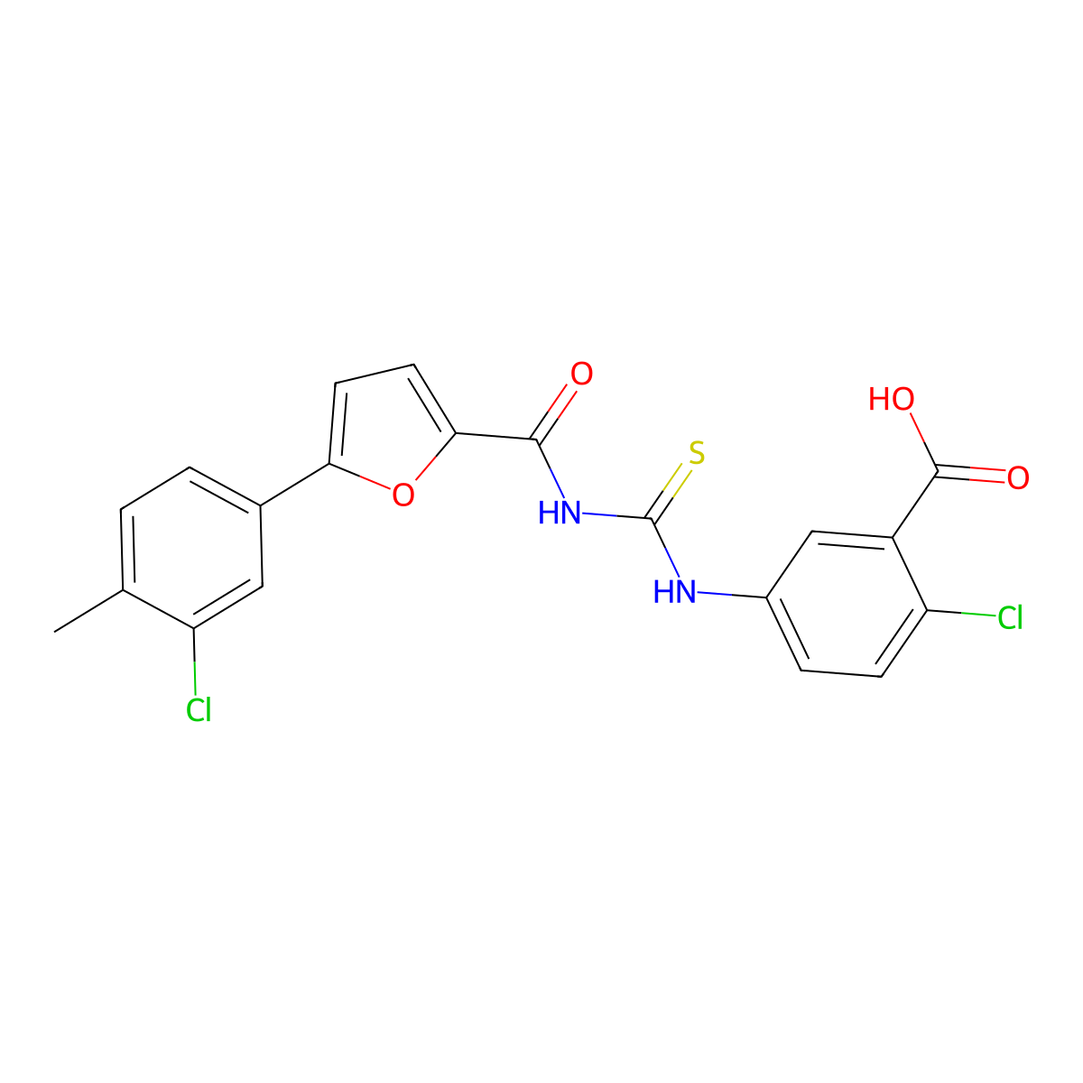 2-Chloro-5-[[5-(3-chloro-4-methylphenyl)furan-2-carbonyl]carbamothioylamino]benzoic acid molecular structure, CAS 433947-95-6
