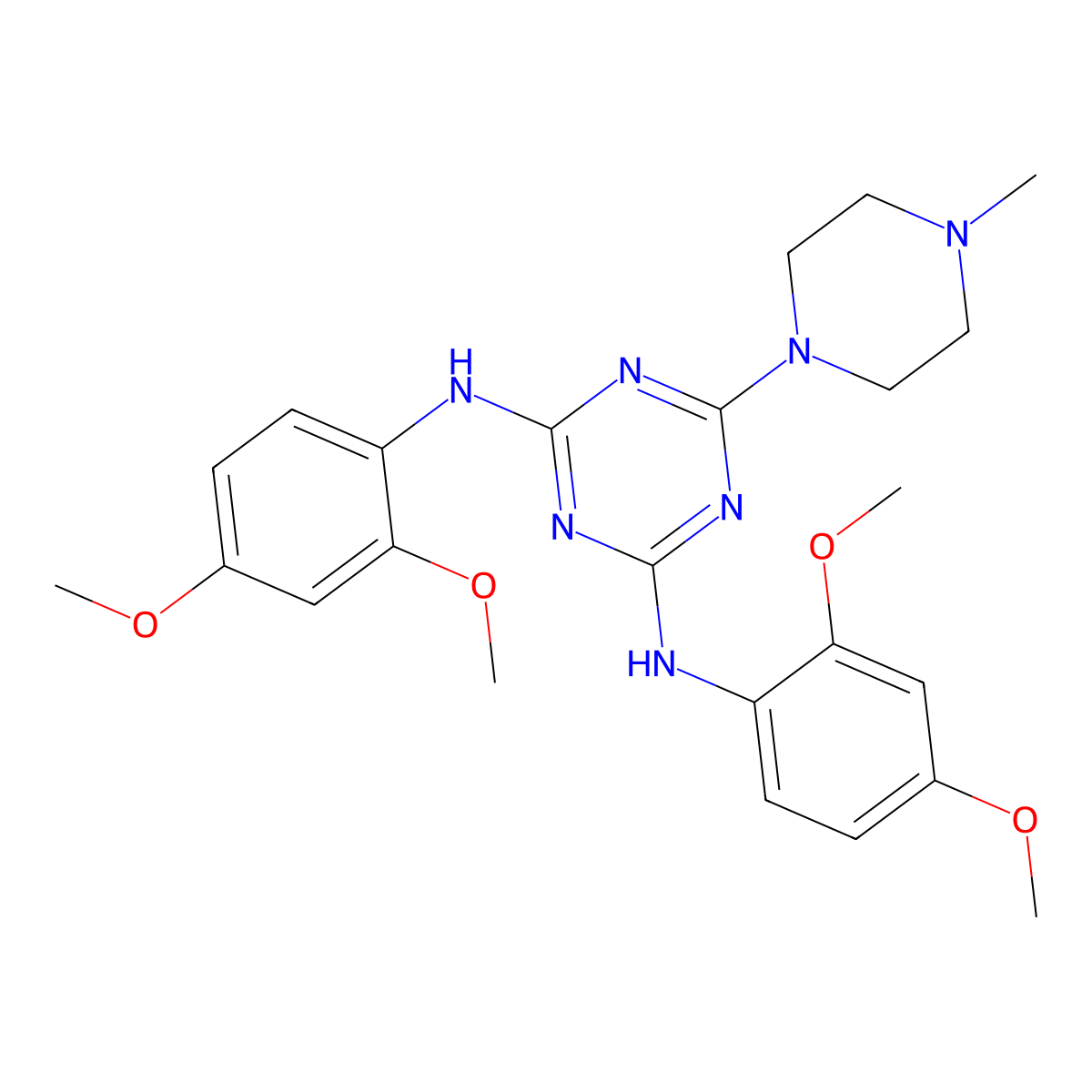 N,N'-bis(2,4-dimethoxyphenyl)-6-(4-methylpiperazin-1-yl)-1,3,5-triazine-2,4-diamine molecular structure, CAS 433947-98-9