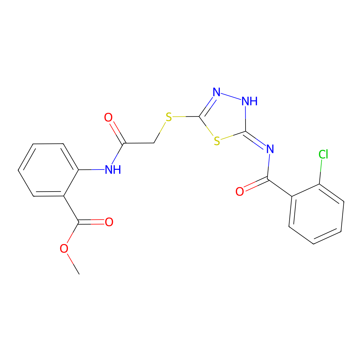 Methyl 2-[[2-[[5-[(2-chlorobenzoyl)amino]-1,3,4-thiadiazol-2-yl]sulfanyl]acetyl]amino]benzoate molecular structure, CAS 433952-57-9